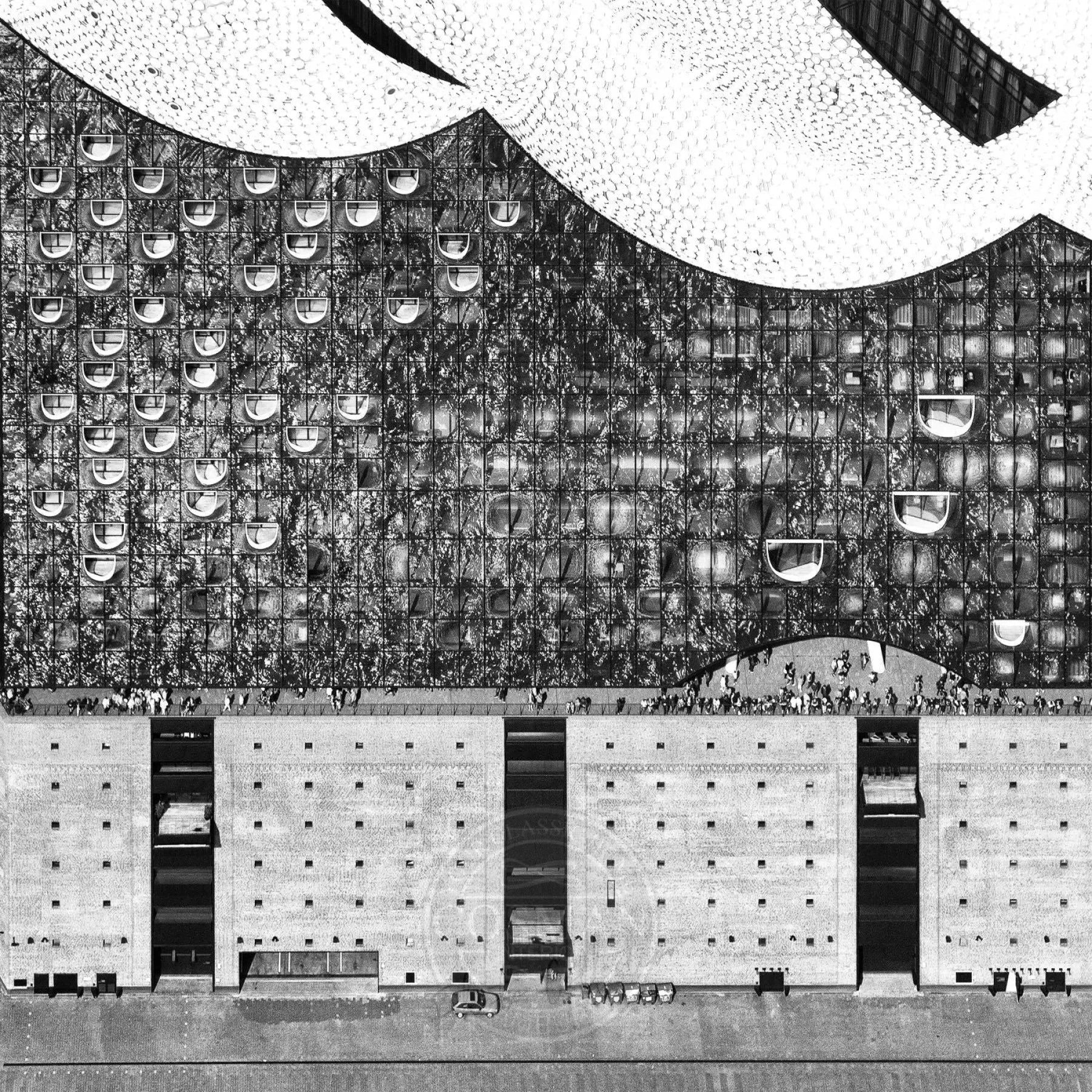 Schwarz-Weiß-Poster Hamburg Elphi HH42 von Cosman-Photocollection, 40x40 cm, mit weißem Rand, Stadtansicht von Hamburg.