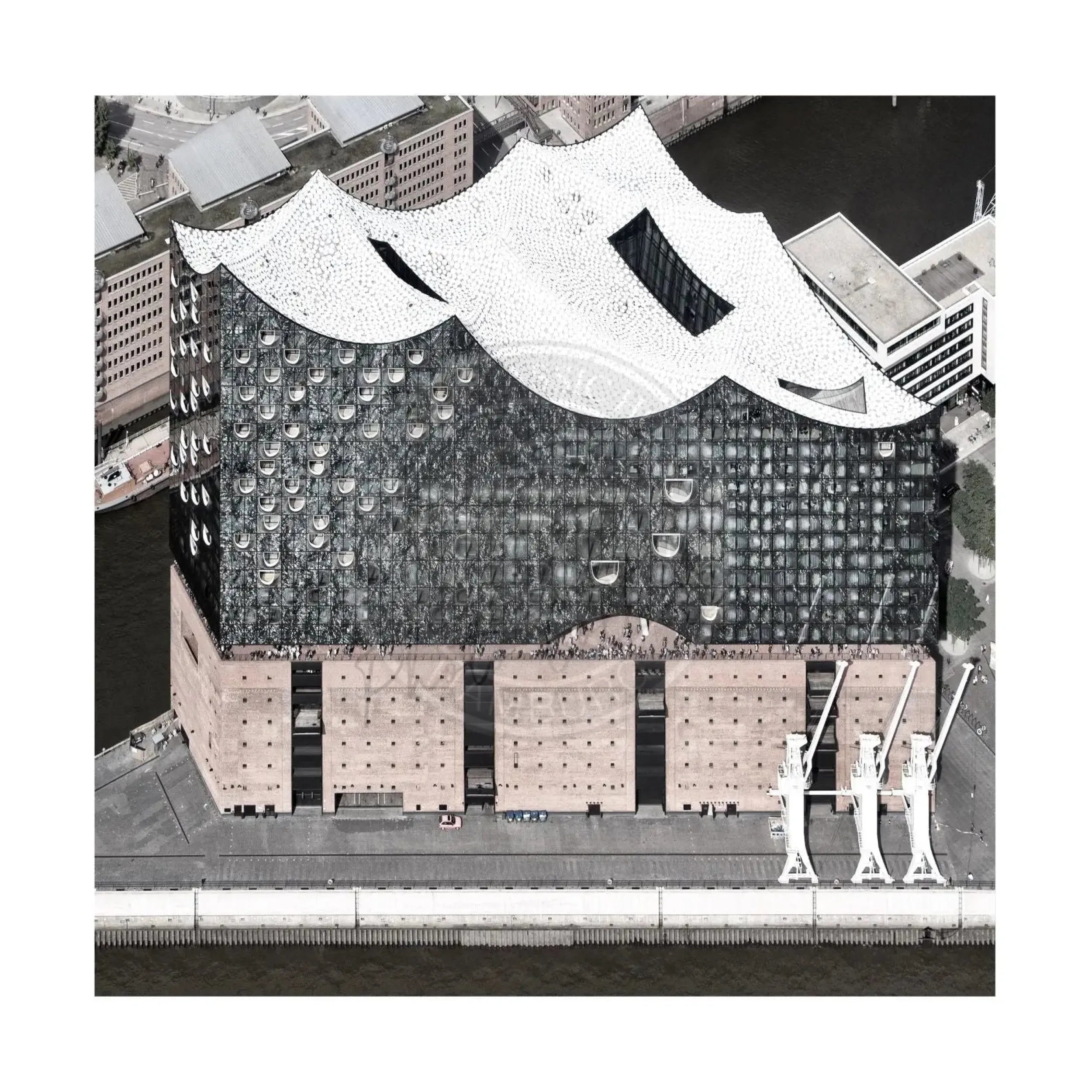 Schwarz-Weiß-Poster von Hamburg Elphi, 40x40cm, von Cosman-Photocollection, mit weißem Rand, Stadtansicht von Hamburg.