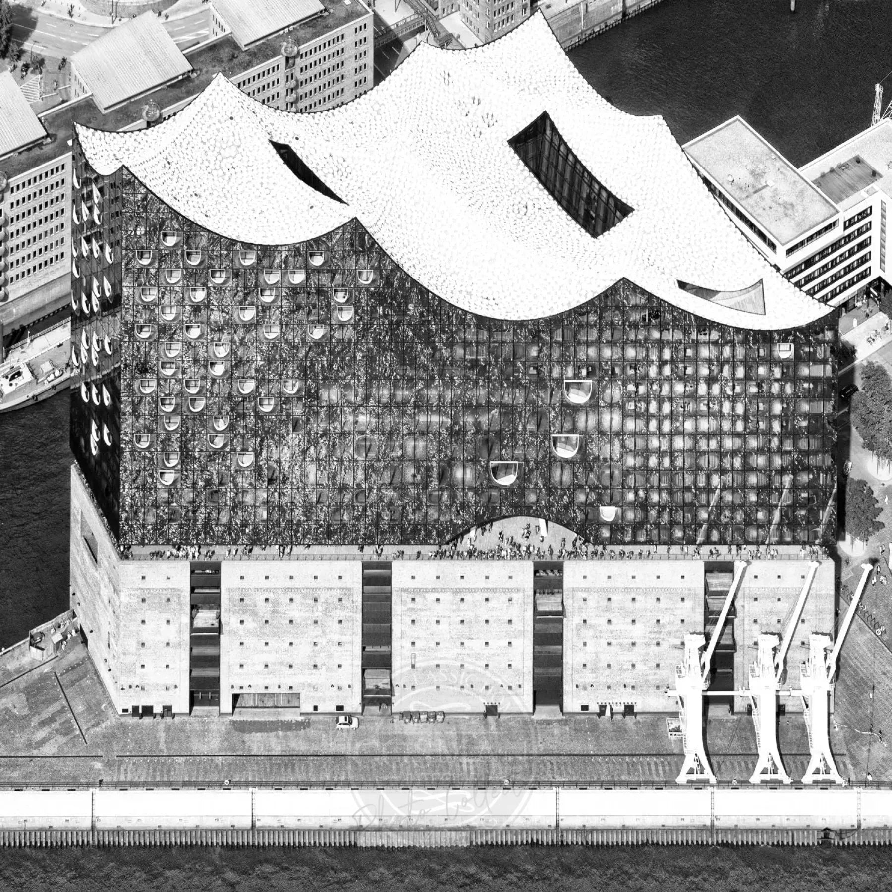 Schwarzweiß-Poster von Hamburg Elphi, 40x40 cm, von Cosman-Photocollection, zeigt die Hamburger Elbphilharmonie.