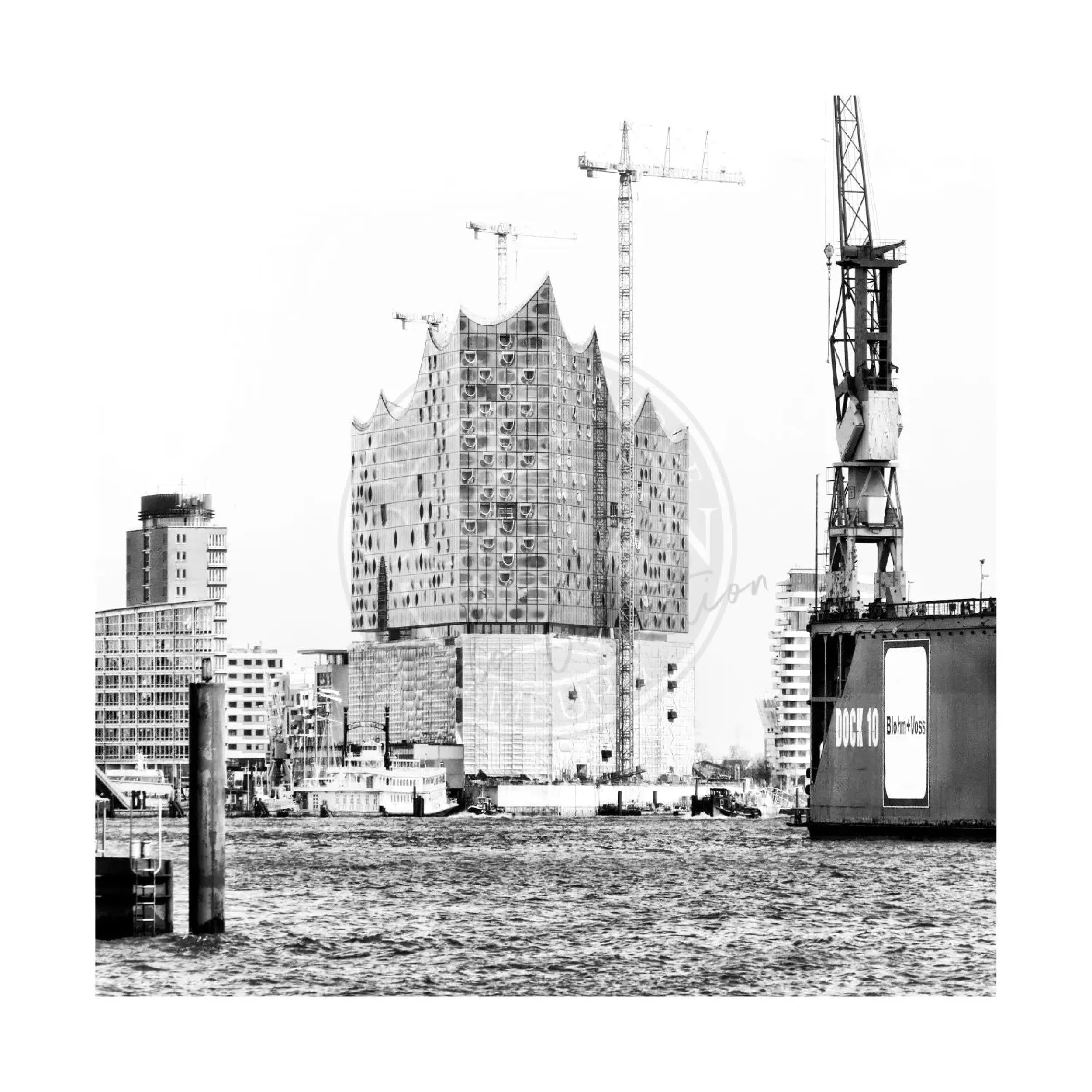 Schwarz-weiß Poster von Hamburg Elphi, 40x40cm, von Cosman-Photocollection, mit weißem Rand, Wanddekoration für Hamburg-Liebhaber