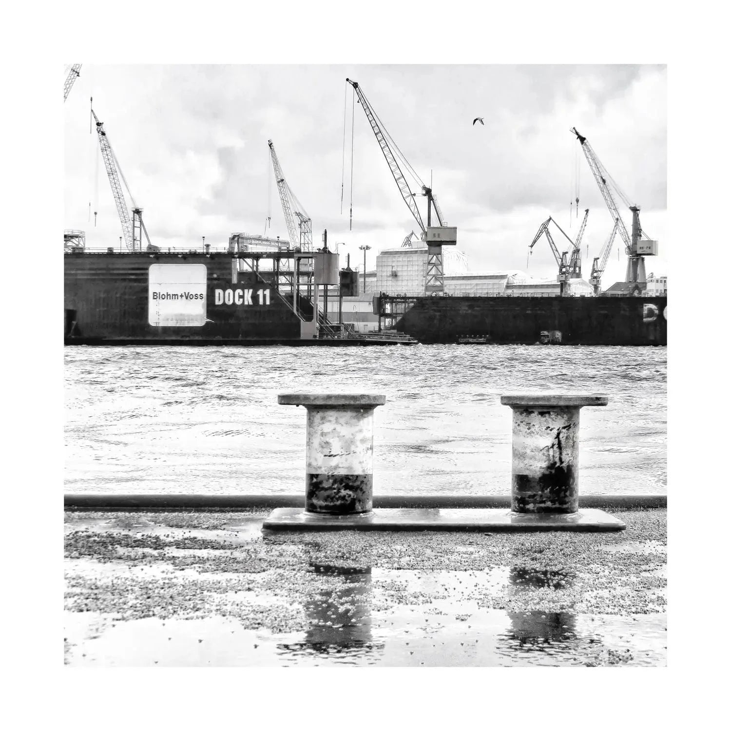Schwarzweiß-Poster des Hamburger Hafens mit Dock 11 Motiv, 40x40cm, von Cosman-Photocollection, mit weißem Rand.