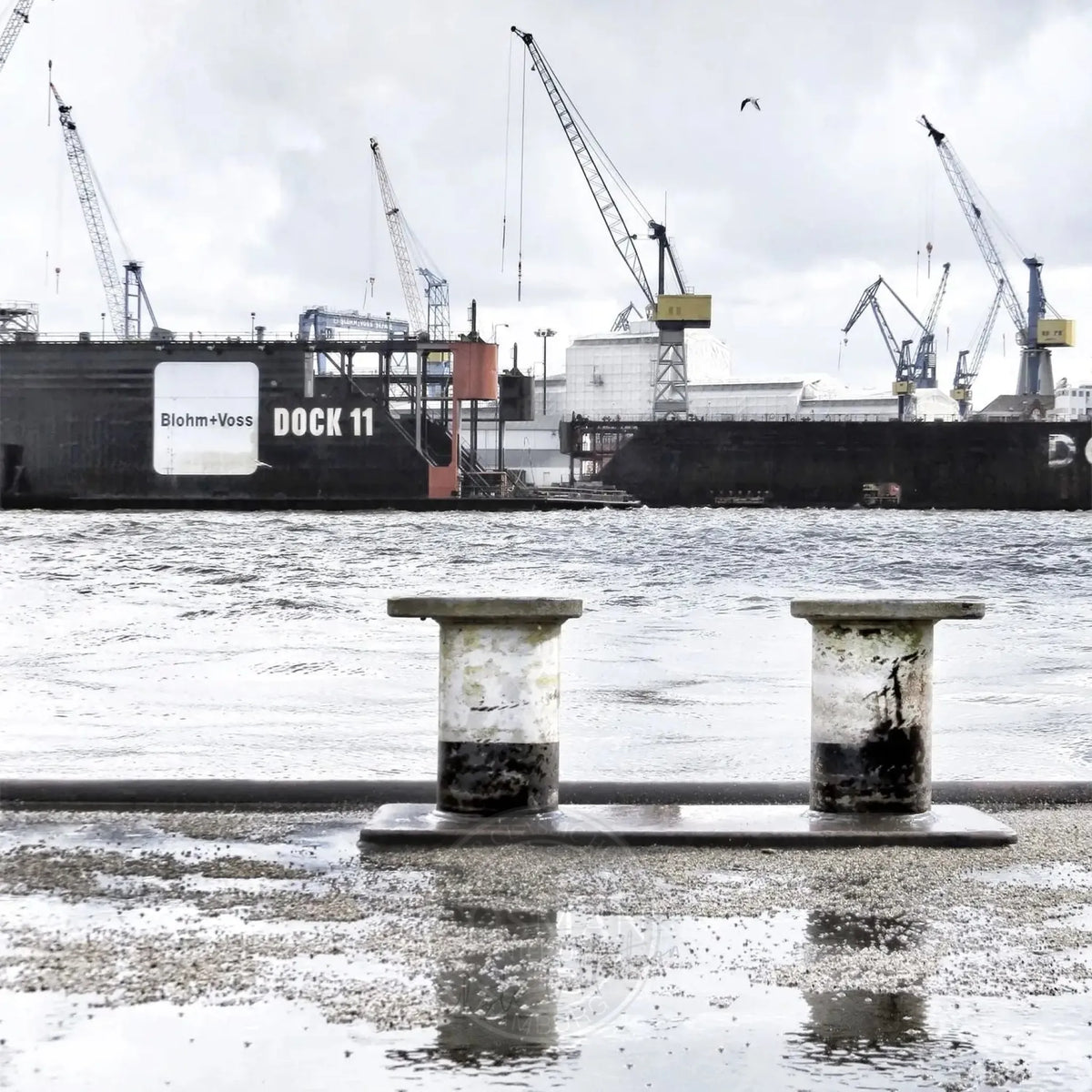 Schwarz-Weiß-Poster vom Hamburg Hafen Dock 11, 40x40cm, von Cosman-Photocollection, mit weißem Rand