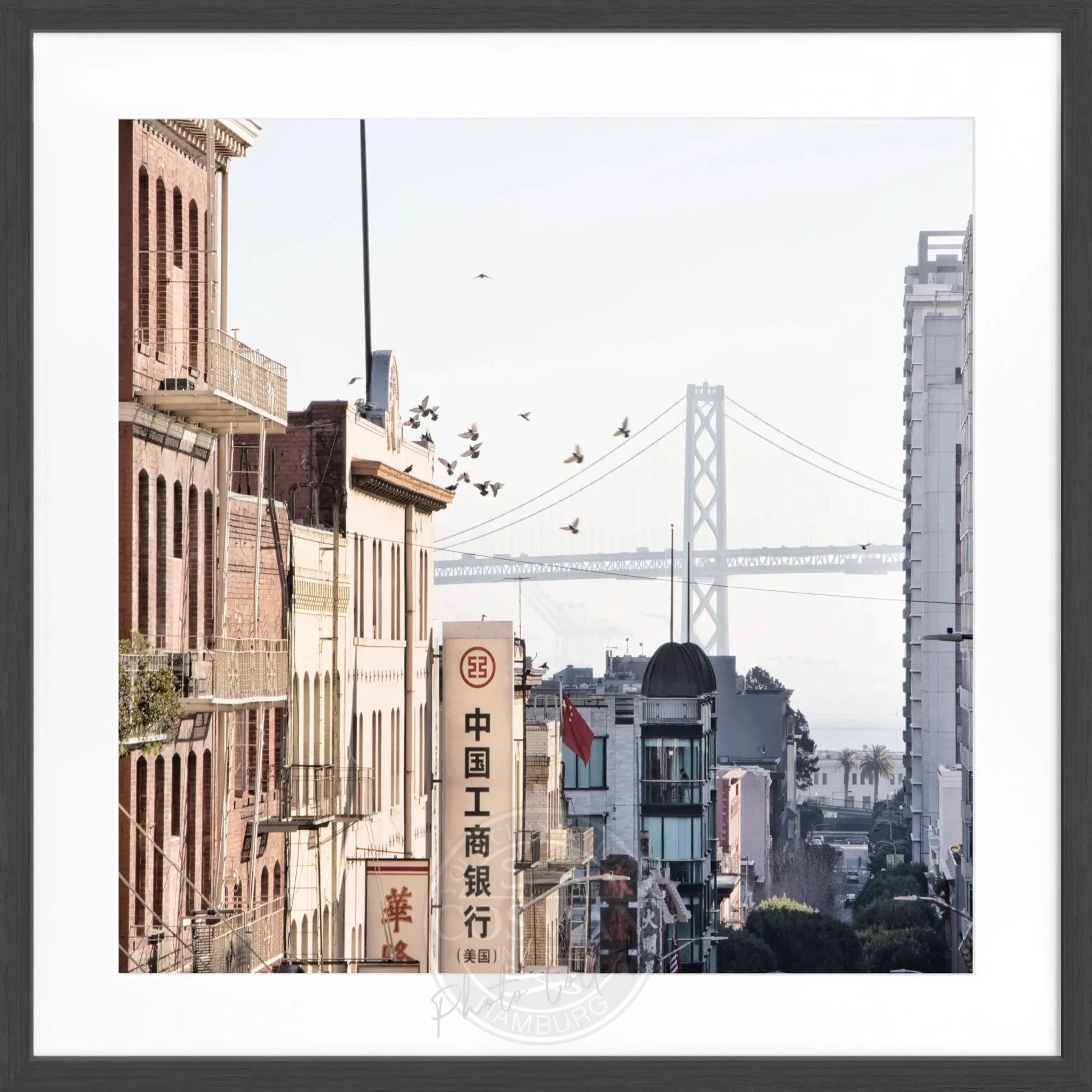 Schwarz-weiß Poster mit Rahmen von Cosman-Photocollection, Bay Bridge in San Francisco, quadratisches Format 55x55cm
