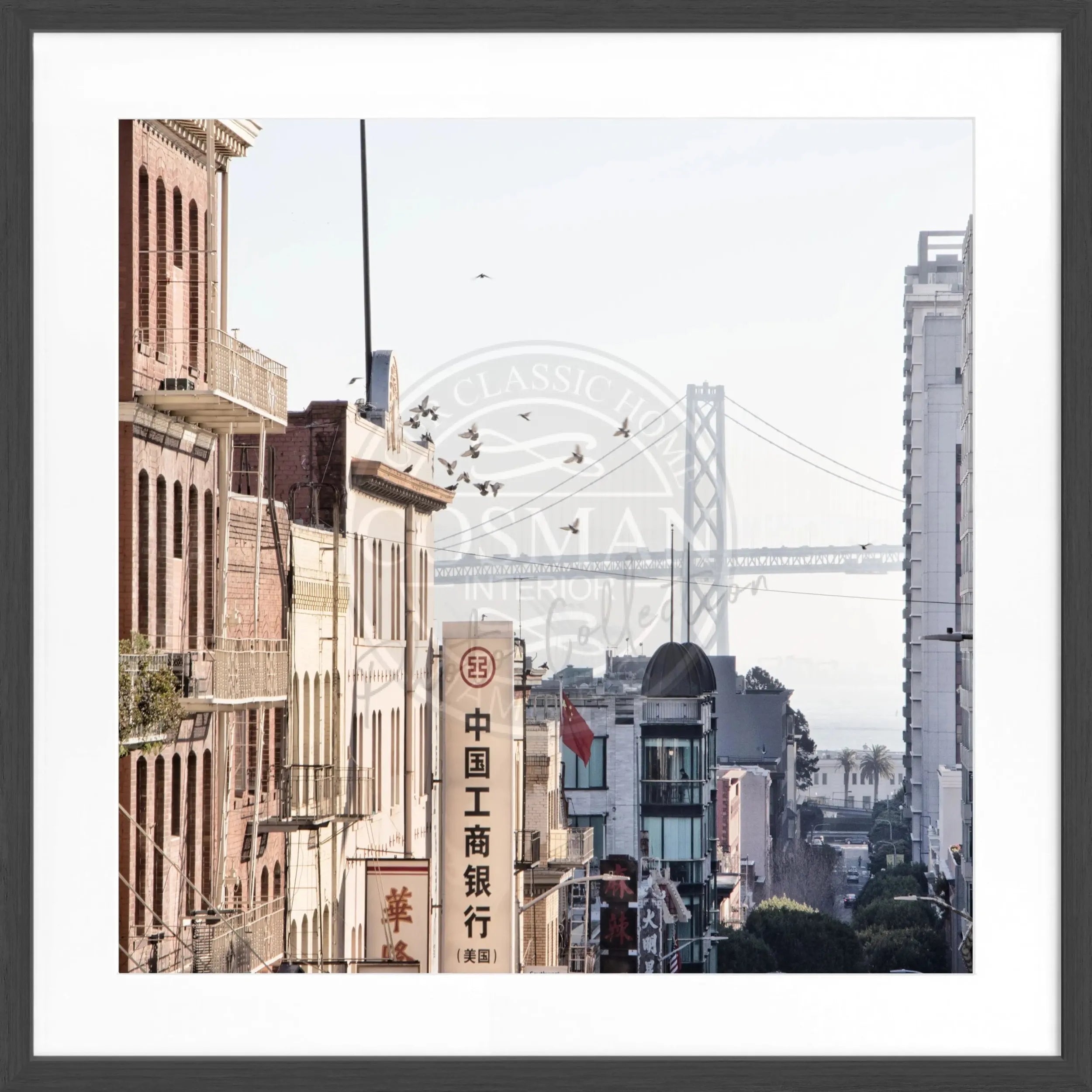 Schwarz-weiß Poster mit Rahmen von Cosman-Photocollection, Bay Bridge in San Francisco, quadratisches Format 55x55cm