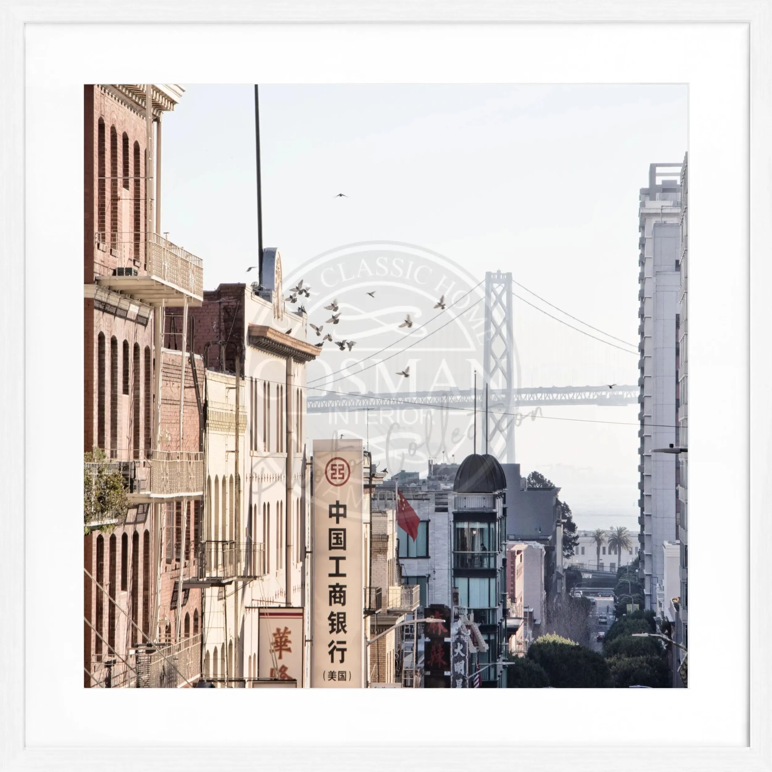 Schwarz-weiß Poster mit Rahmen von Cosman-Photocollection, Bay Bridge San Francisco, quadratisch 55x55cm, urbanes Motiv