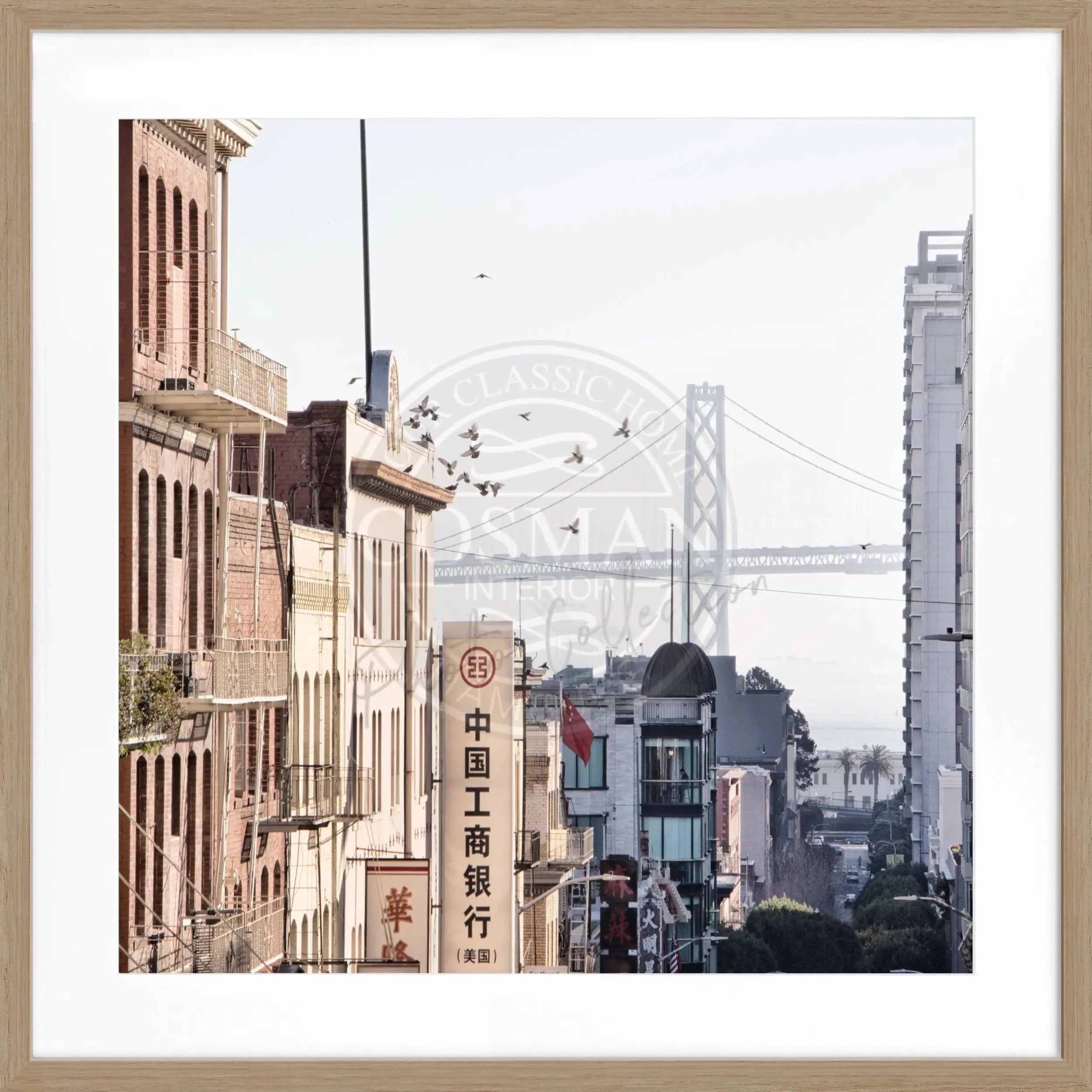 Schwarz-weiß Poster mit Rahmen von Cosman-Photocollection, Bay Bridge San Francisco, quadratisch 55x55cm, beeindruckende Stadtansicht
