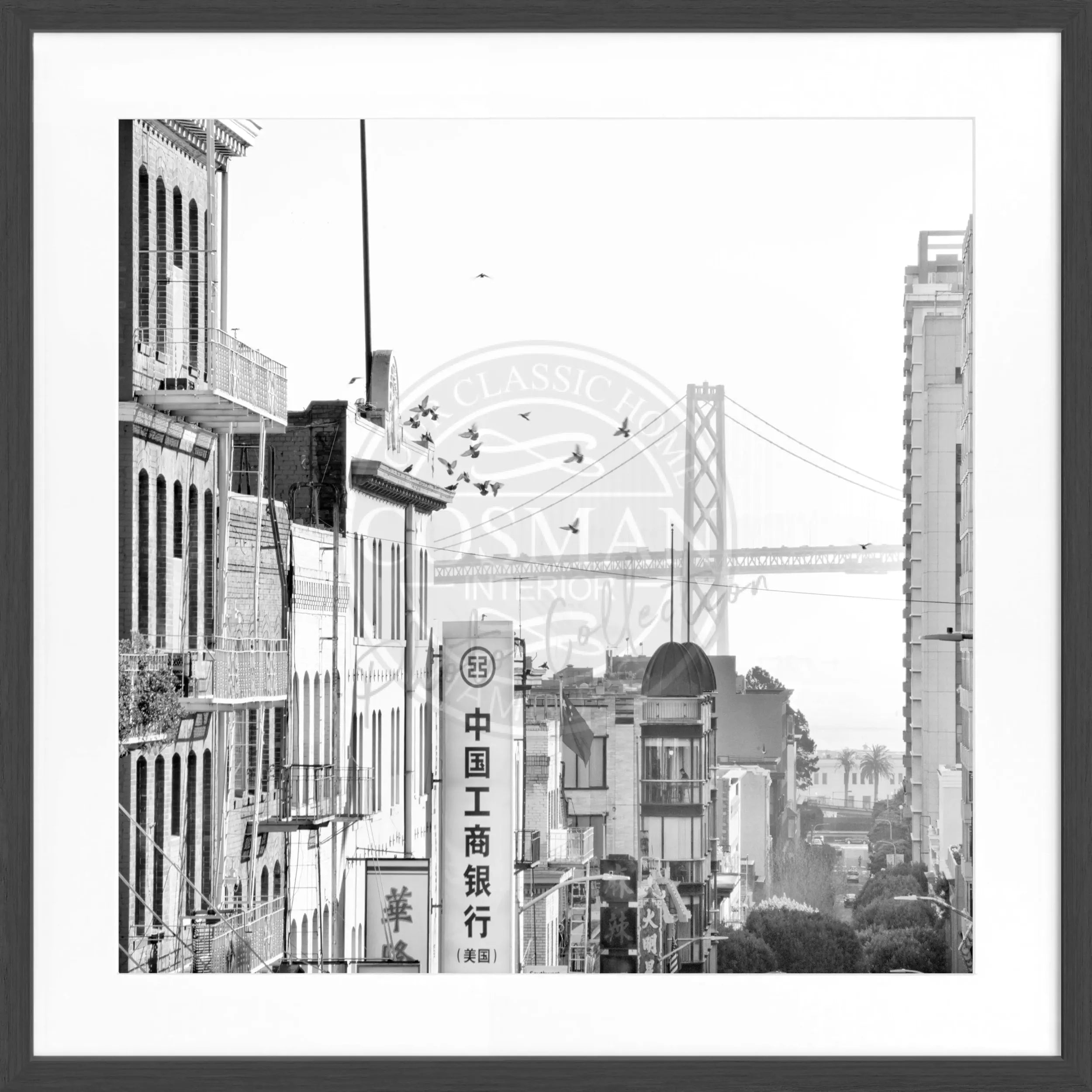 Schwarz-weiß Poster mit Rahmen von Cosman-Photocollection, Bay Bridge San Francisco, quadratisch 55x55cm, urbane Fotografie