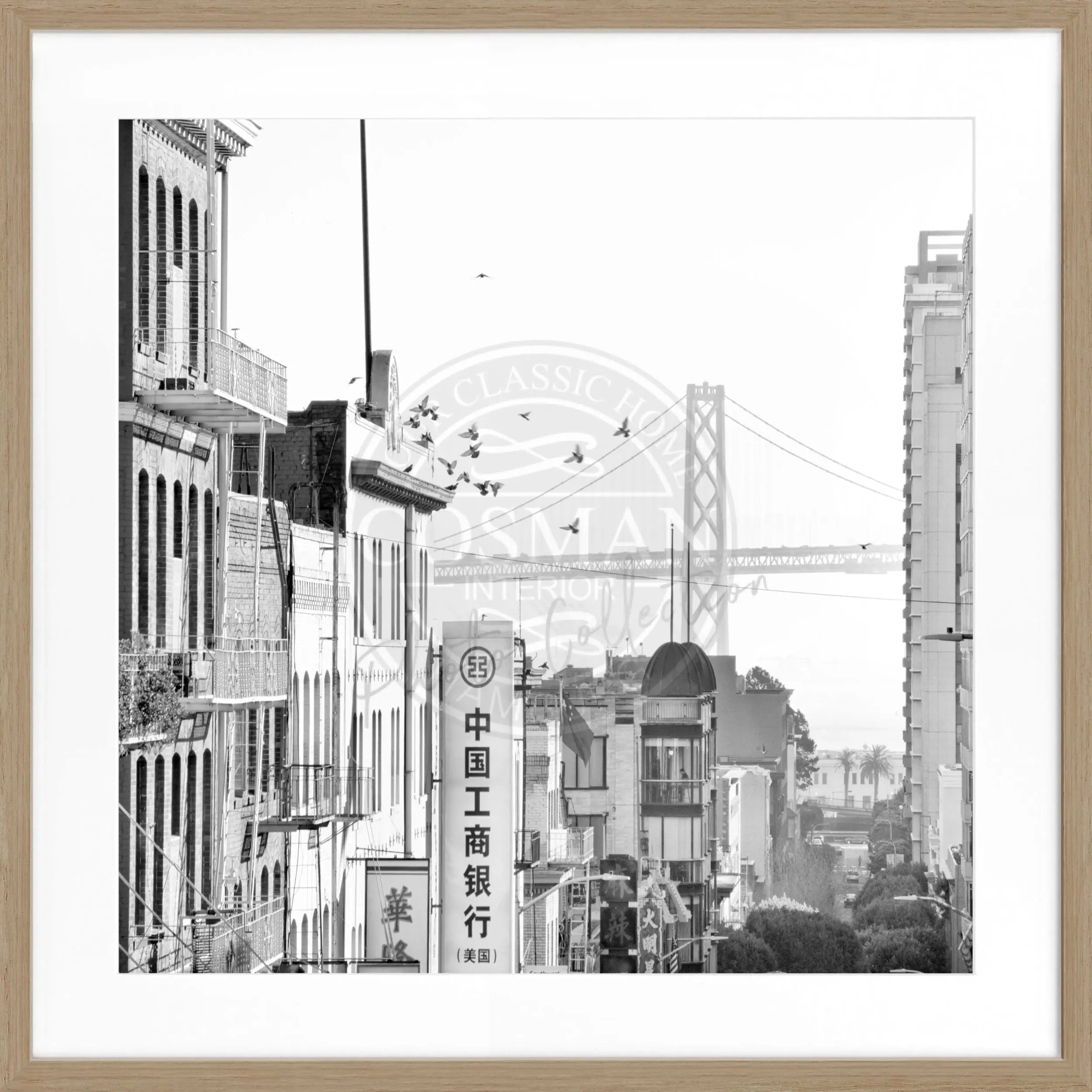 Schwarz-weiß Poster mit Rahmen von Cosman-Photocollection, Bay Bridge in San Francisco, quadratisches 55x55cm Motiv.