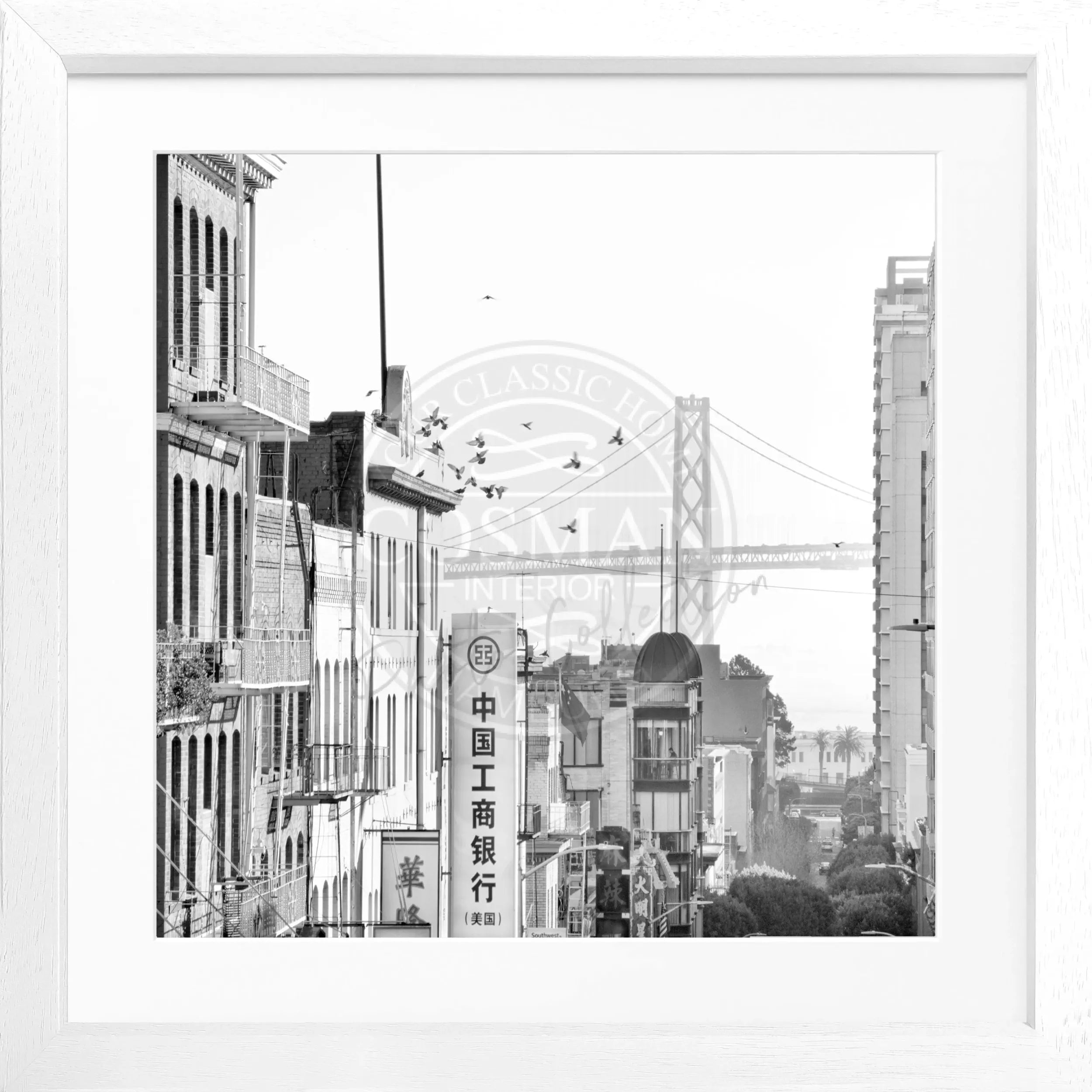 Schwarz-weiß Poster mit Rahmen von Cosman-Photocollection, Bay Bridge San Francisco, quadratisch, 55x55cm, urbanes Fotomotiv