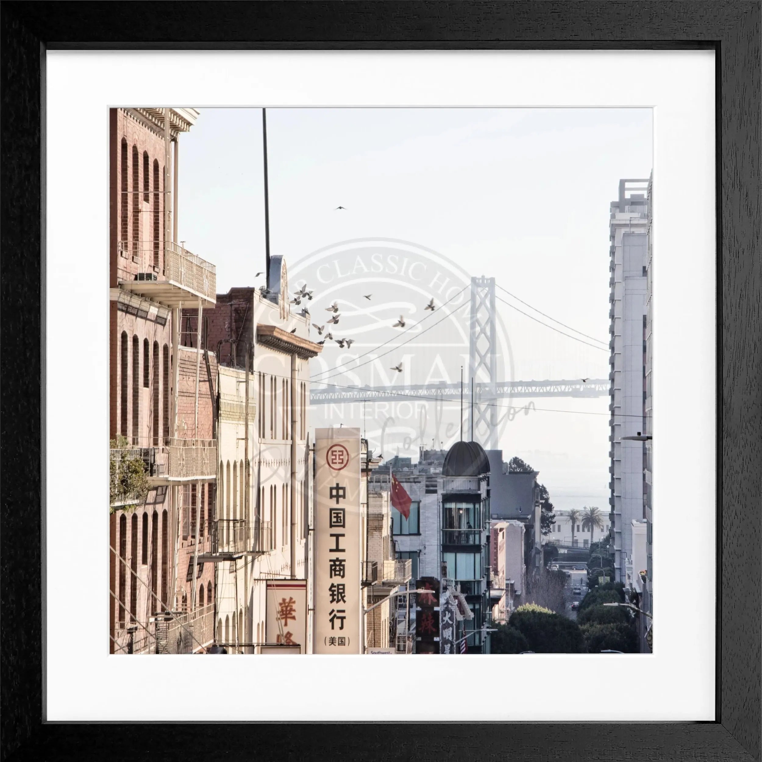 Schwarz-weiß Poster mit Rahmen der Bay Bridge in San Francisco, 55x55 cm, von Cosman-Photocollection.