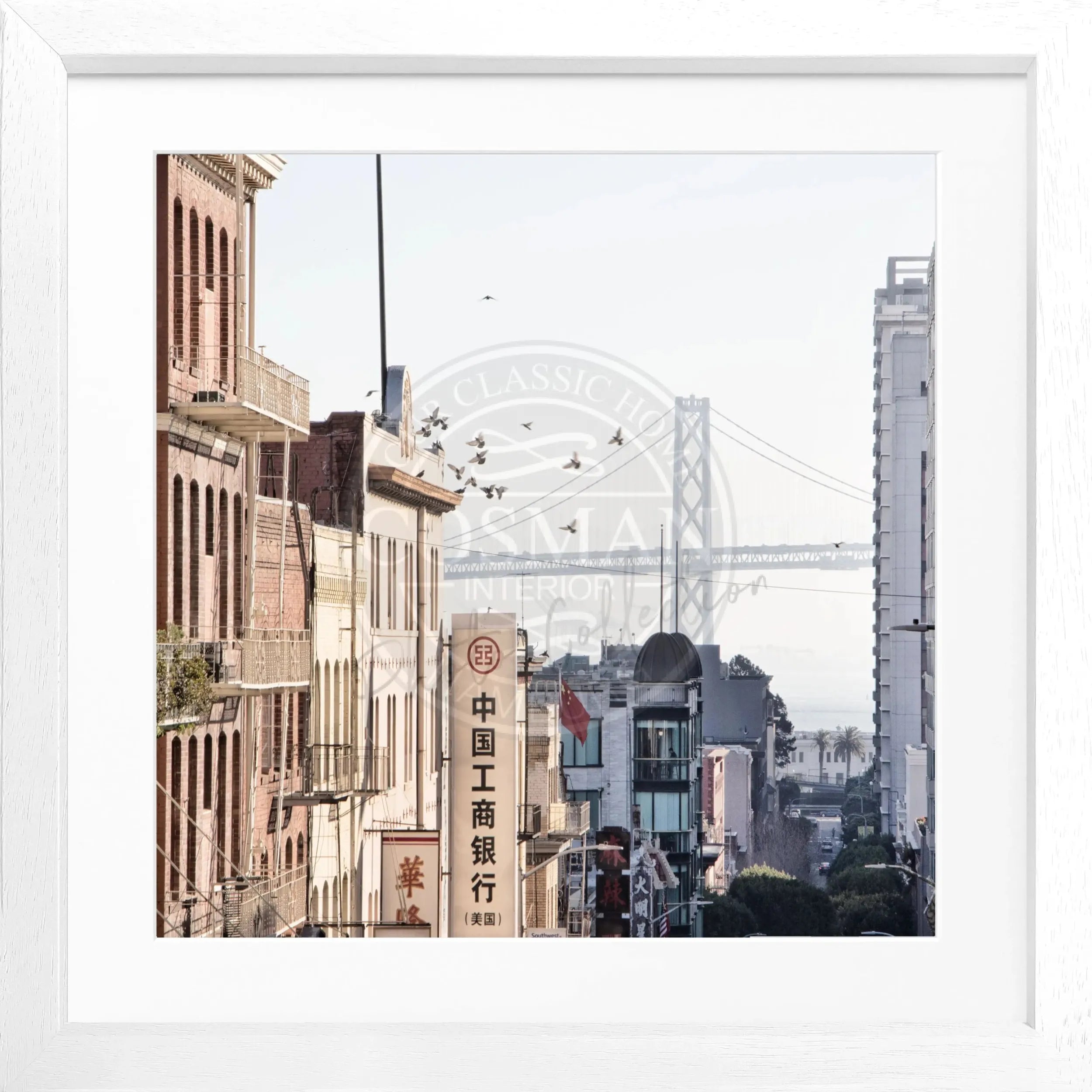 Schwarz-weiß Poster mit Rahmen von Cosman-Photocollection, Bay Bridge San Francisco, quadratisch, 55x55 cm, urbanes Motiv