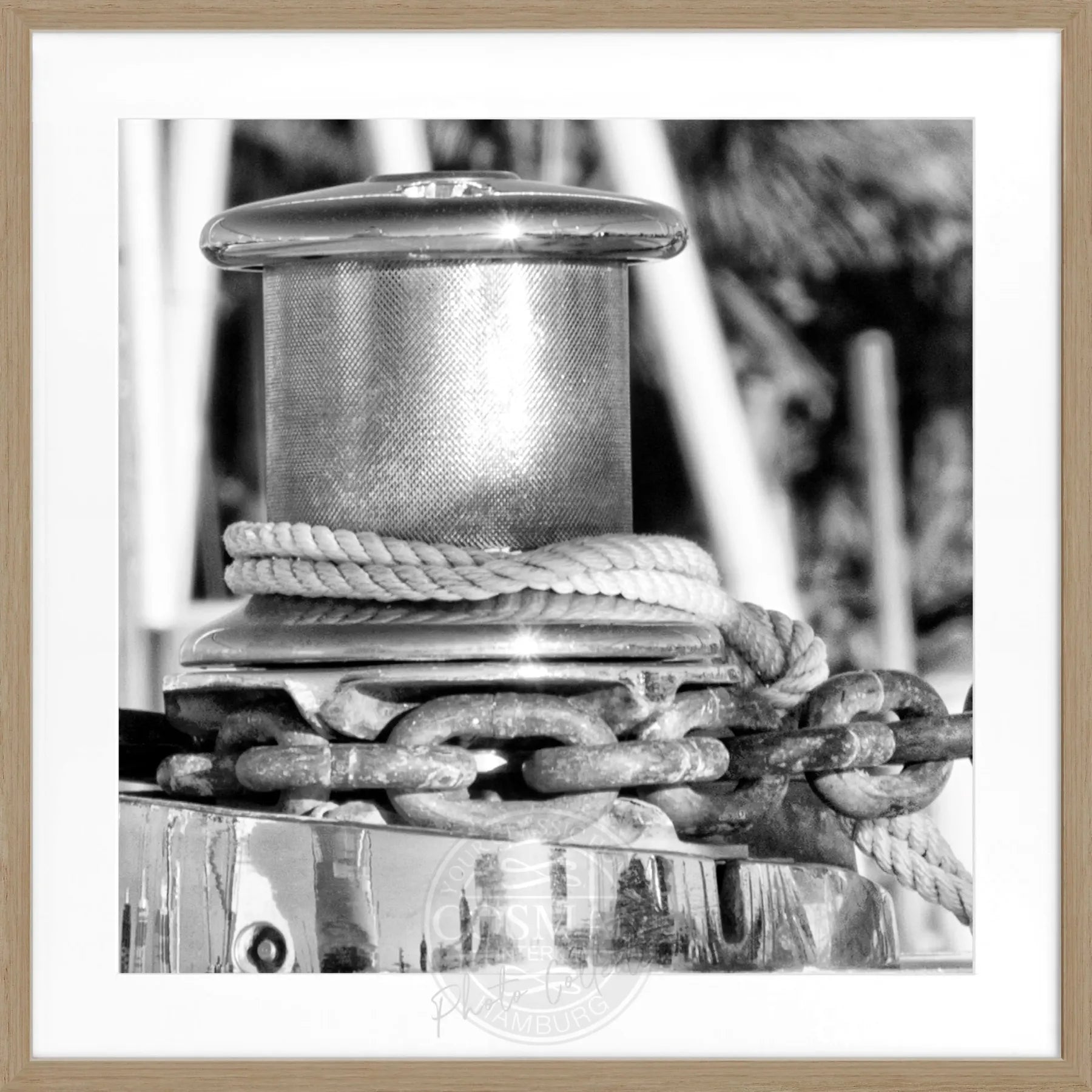 Schwarz-weiß Poster mit Rahmen von Cosman-Photocollection, Motiv eines Bootes in Florida Key West, quadratisch, 55x55 cm