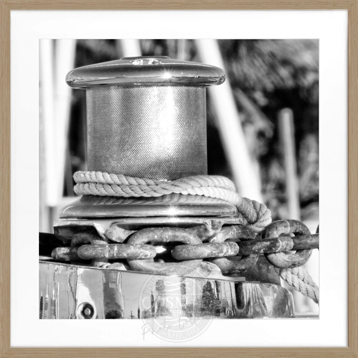 Schwarz-weiß Poster mit Rahmen von Cosman-Photocollection, Motiv eines Bootes in Florida Key West, quadratisch, 55x55 cm