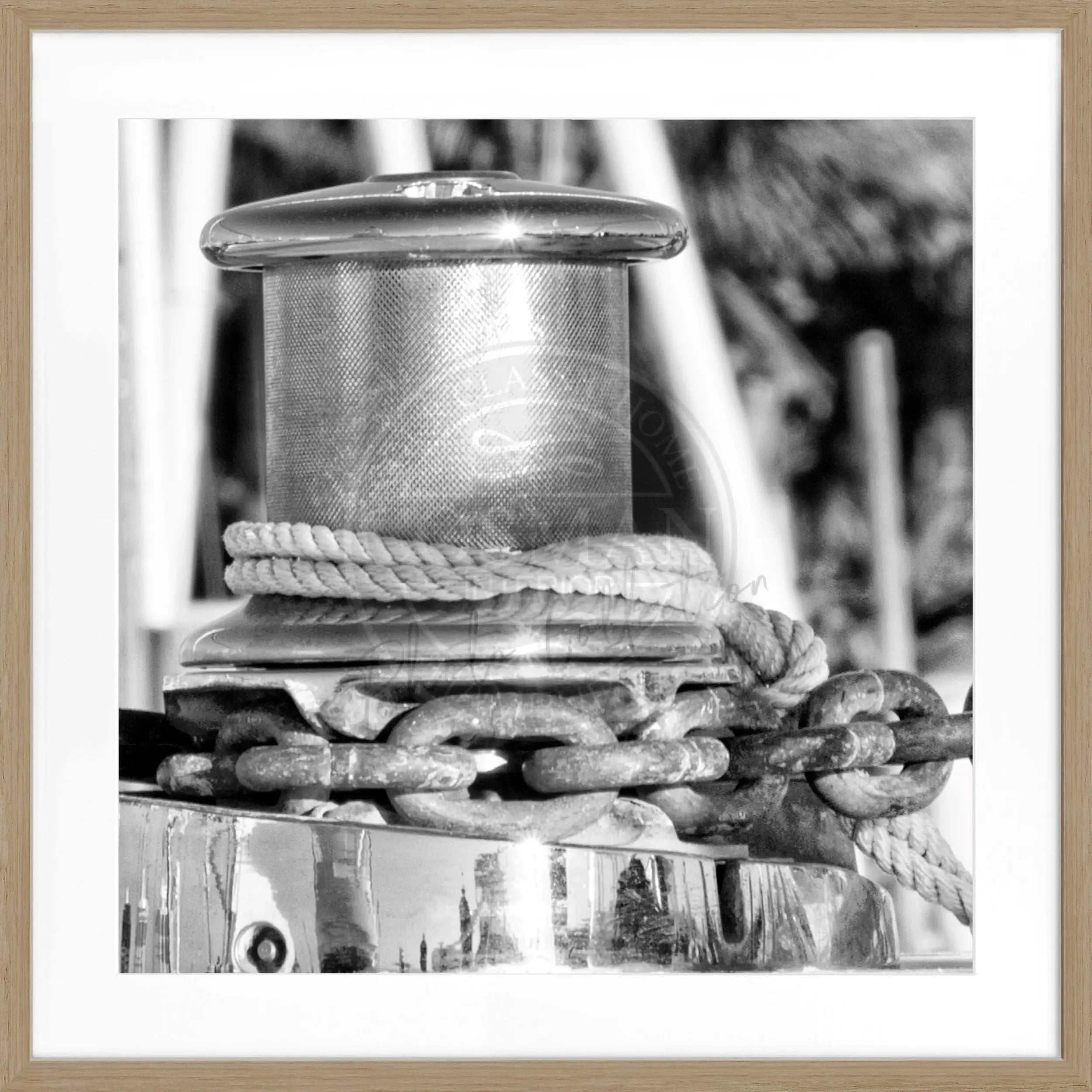 Schwarz-weiß Poster mit Rahmen von Cosman-Photocollection, Motiv eines Bootes in Florida Key West, quadratisch, 55x55 cm