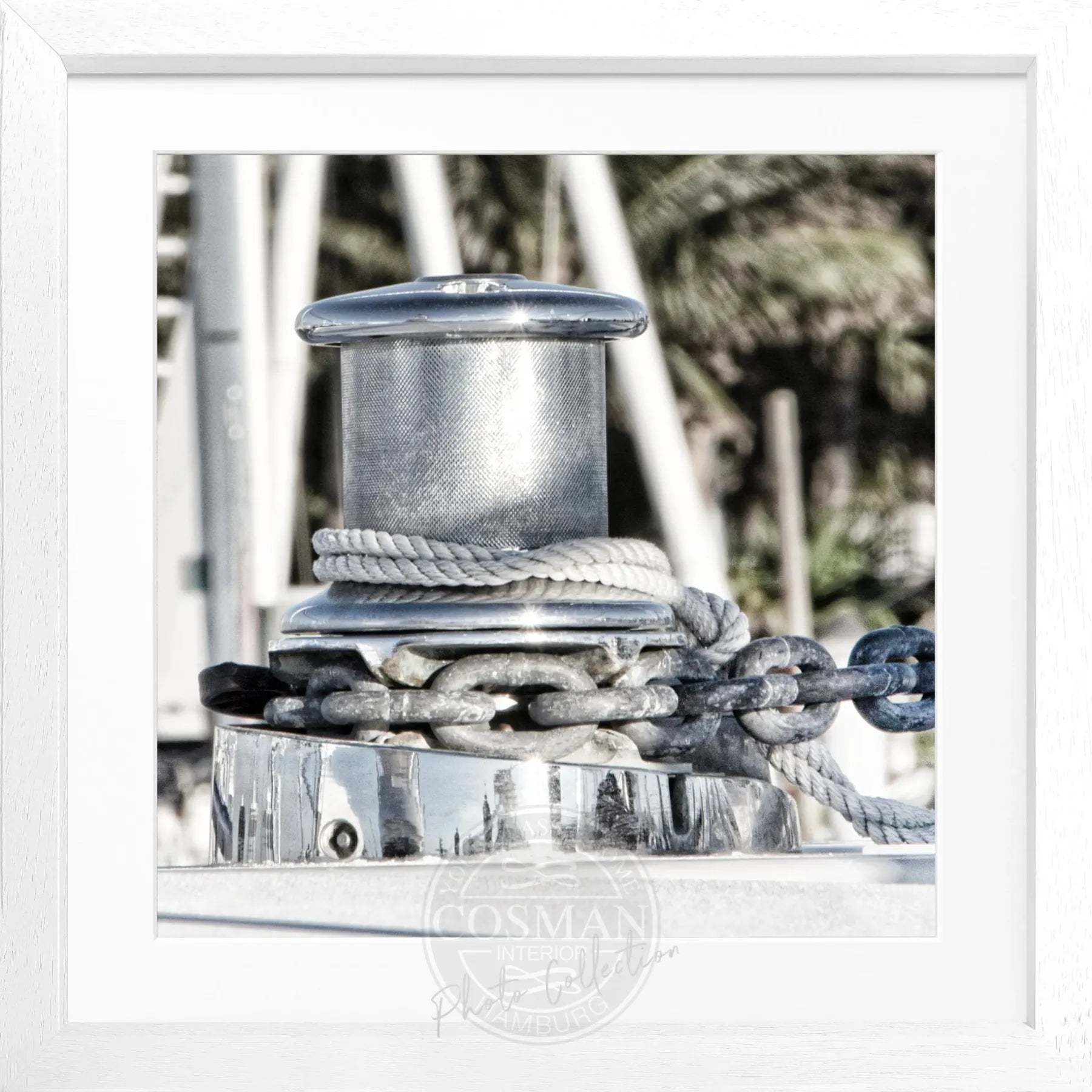 Schwarz-weiß Poster mit Rahmen 'Boat' von Cosman-Photocollection, Florida Key West, quadratisches Bild, 55x55 cm, maritime Atmosphäre