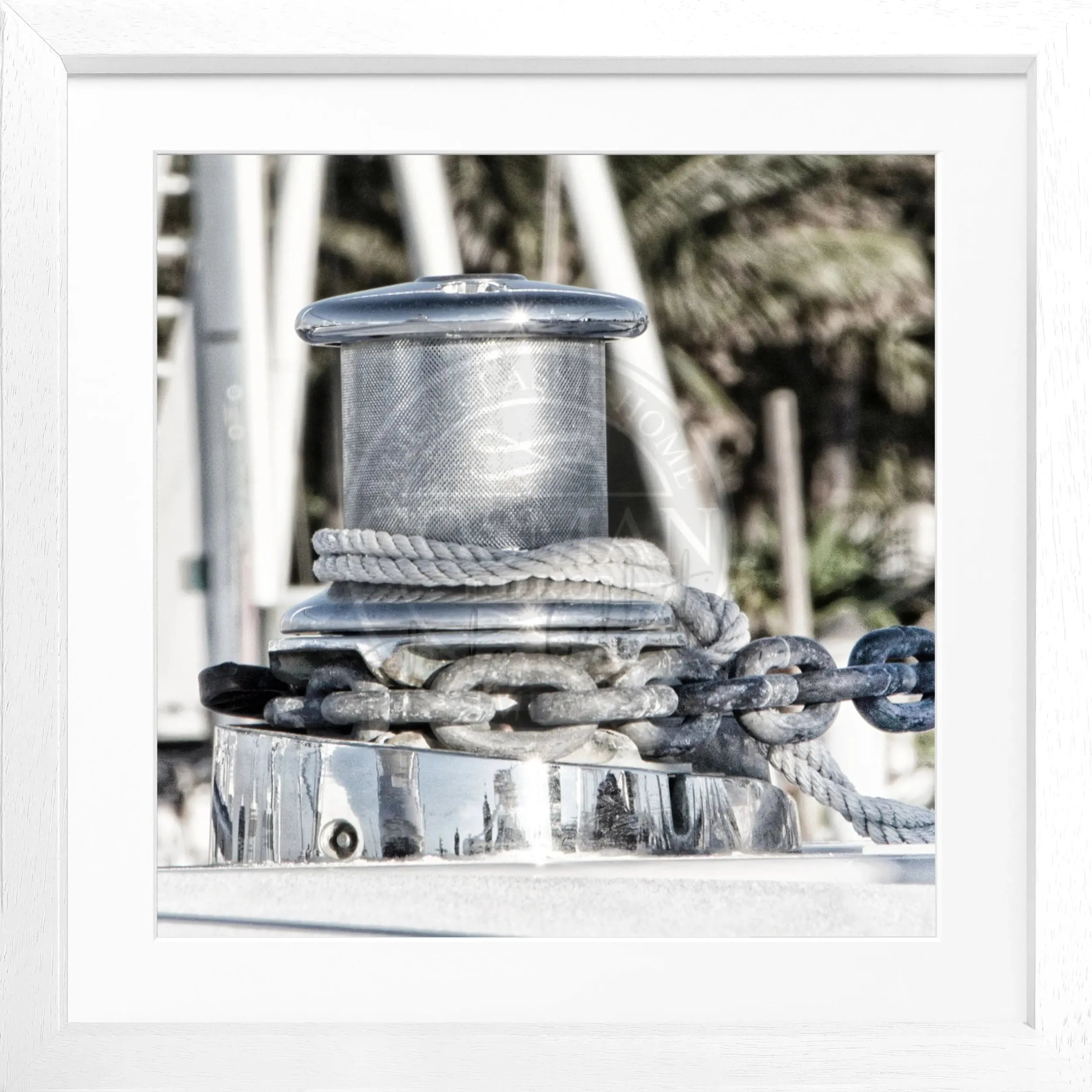 Schwarz-weiß Poster mit Rahmen 'Boat' von Cosman-Photocollection, Florida Key West, quadratisches Bild, 55x55 cm, maritime Atmosphäre