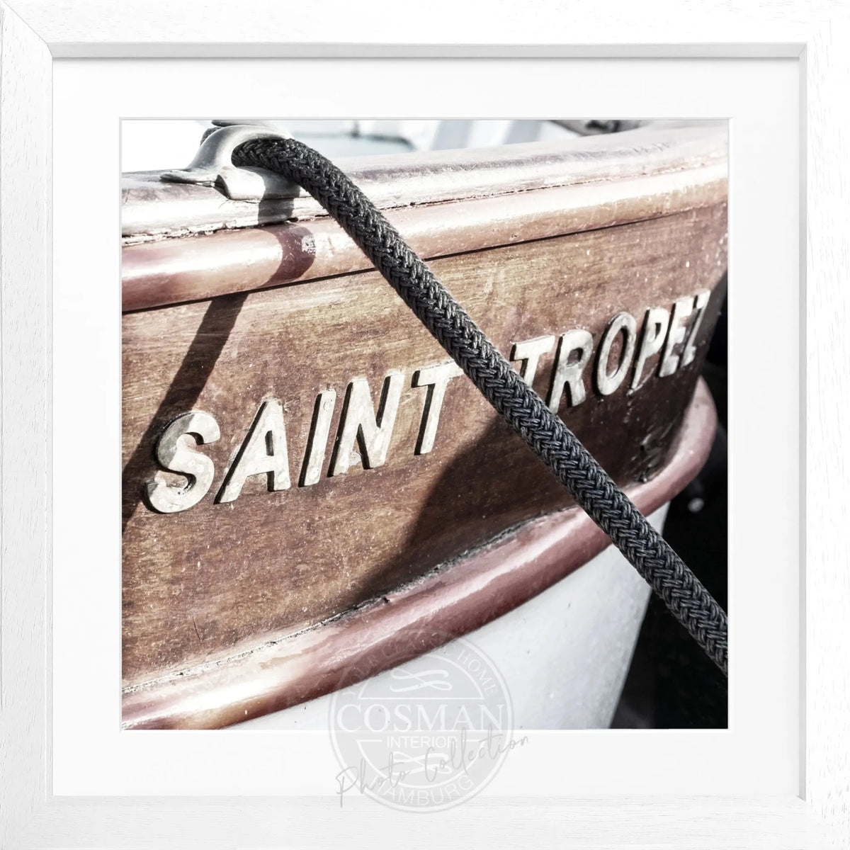 Schwarz-weiß Poster mit Rahmen, Boot-Motiv, Saint Tropez, von Cosman-Photocollection, quadratisch 55x55 cm, elegante Wanddekoration
