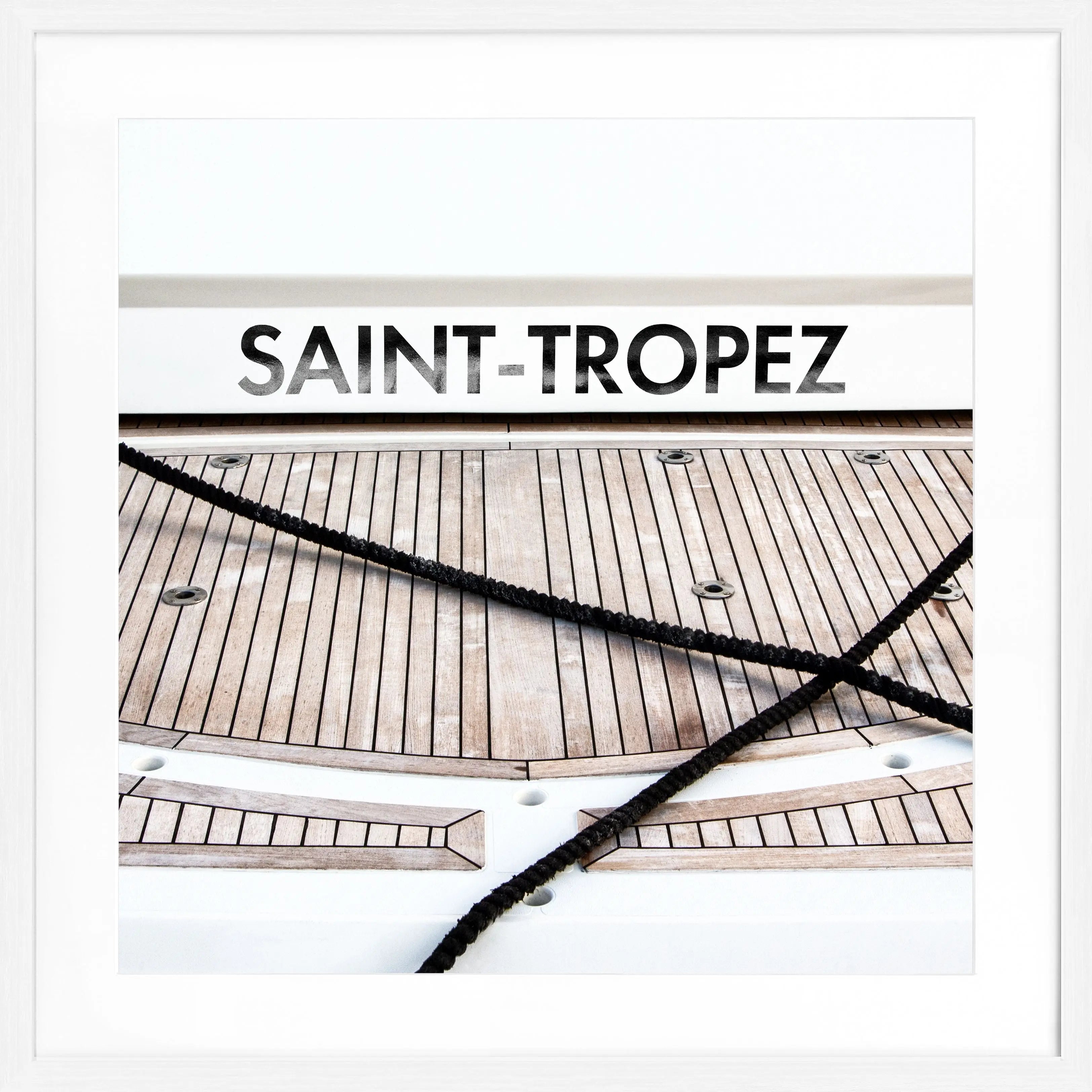 Schwarz-weiß Poster mit Rahmen 'Boot' Saint Tropez von Cosman-Photocollection, quadratisch, 55x55 cm, nautisches Motiv