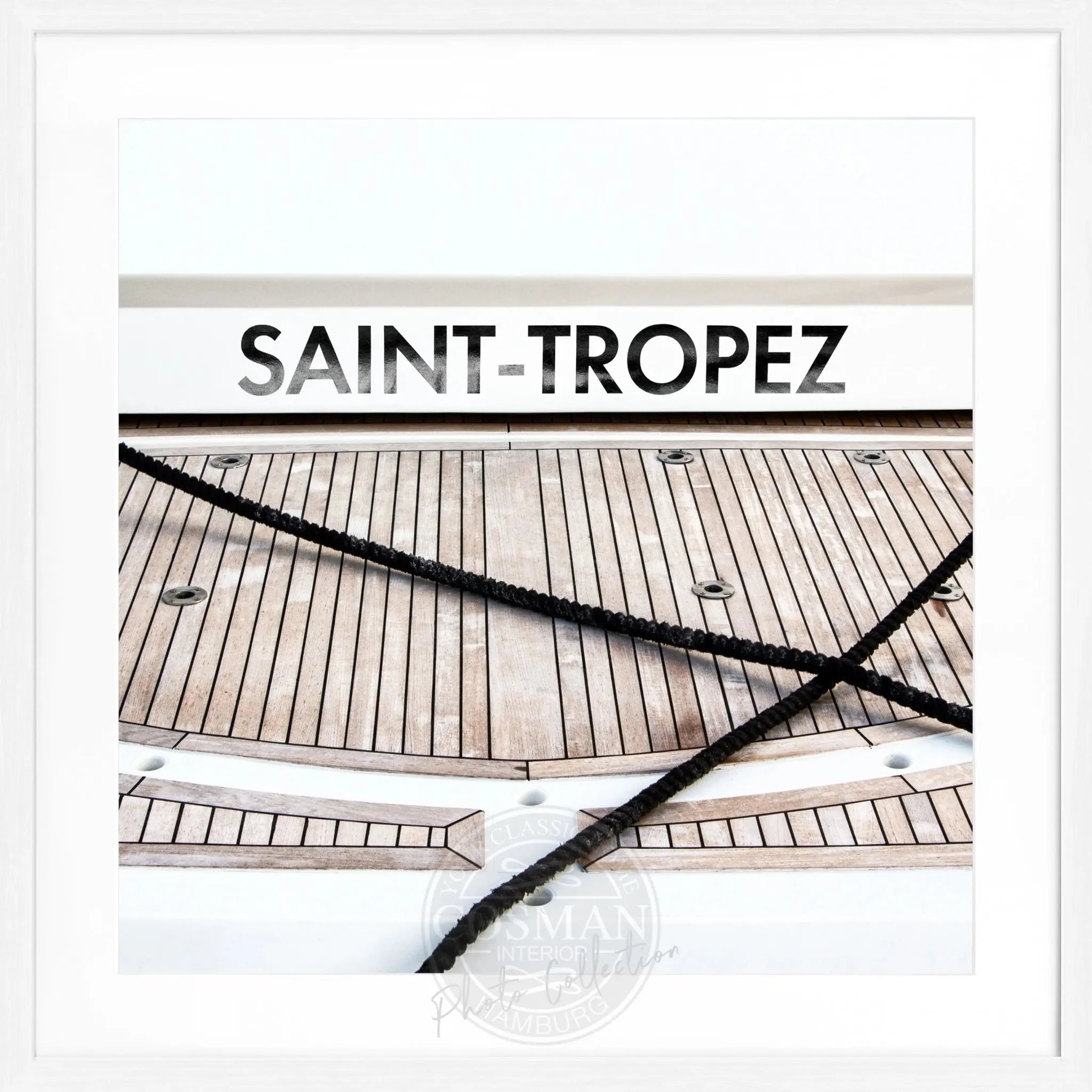 Schwarz-weiß Poster mit Rahmen, Boot-Motiv in Saint Tropez, von Cosman-Photocollection, quadratisch, 55x55 cm