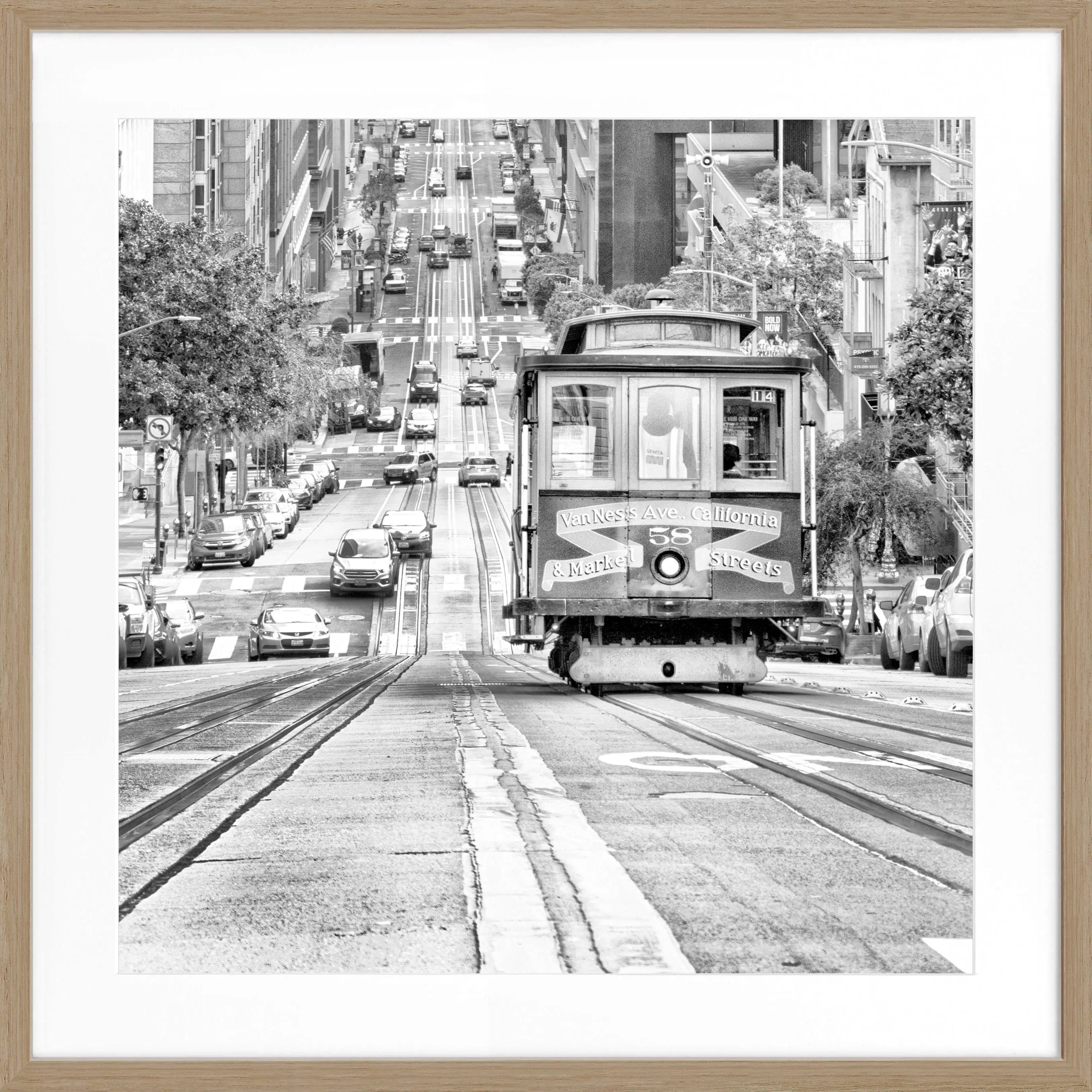 Schwarz-weiß Poster mit Rahmen von Cosman-Photocollection, San Francisco Cable Cars, quadratisch, 55x55cm, modernes Wandbild