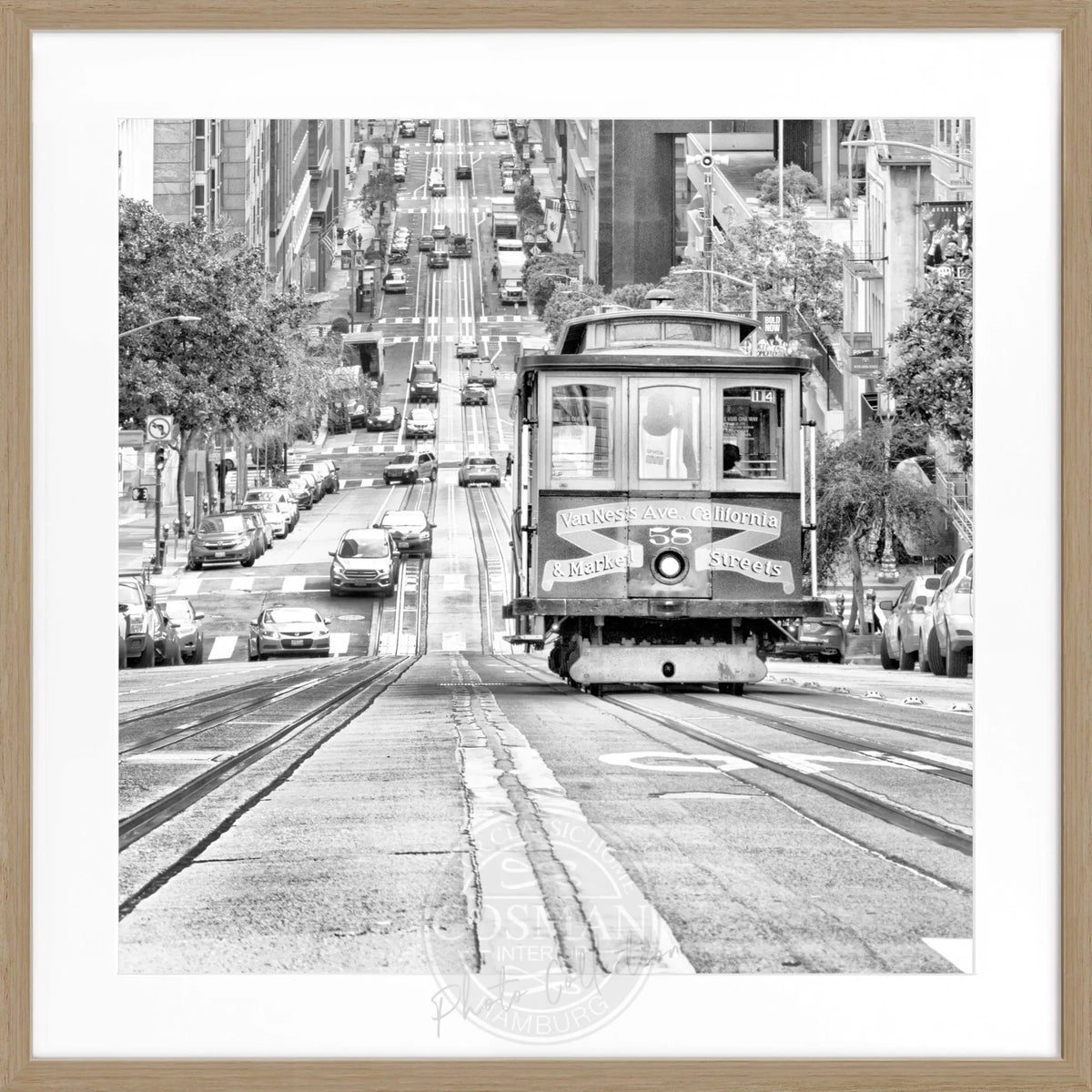 Schwarz-weiß Poster mit Rahmen, "Cable Cars" San Francisco, von Cosman-Photocollection, quadratisch, 55x55 cm, urbane Motivaufnahme