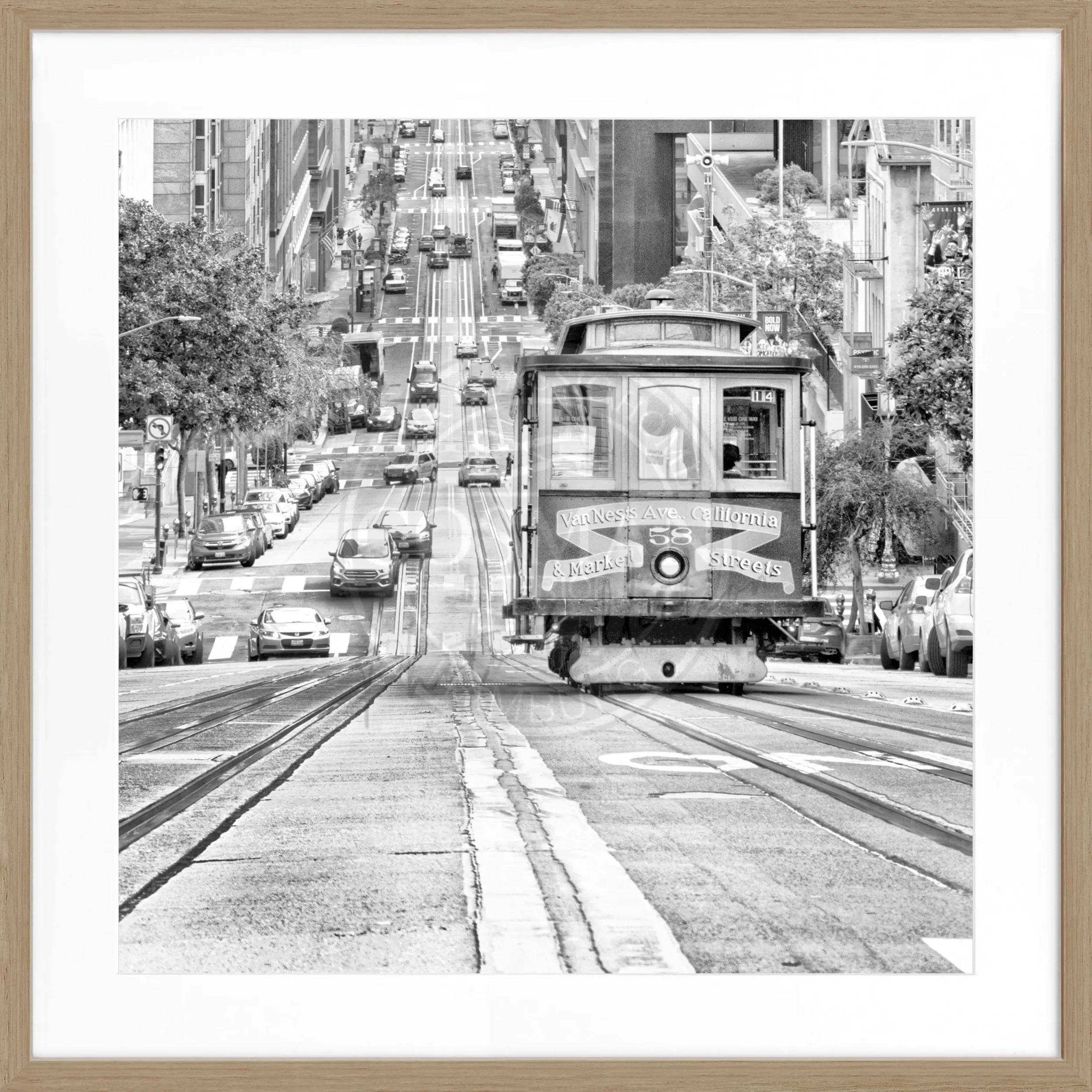 Schwarz-weiß Poster mit Rahmen, "Cable Cars" San Francisco, von Cosman-Photocollection, quadratisch, 55x55 cm, urbane Motivaufnahme
