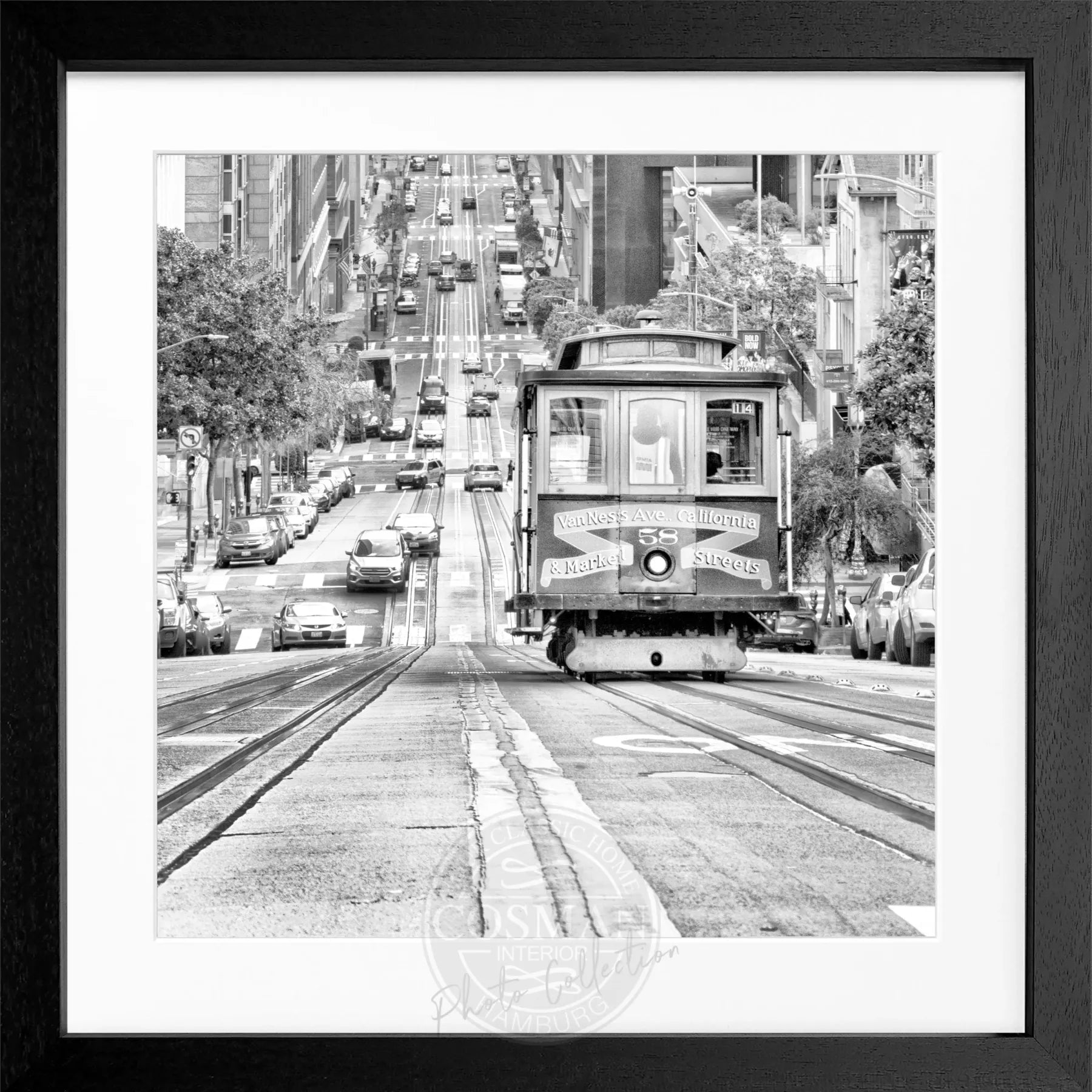 Schwarz-weiß Poster mit Rahmen, zeigt Cable Cars in San Francisco, von Cosman-Photocollection, quadratisch, 55x55 cm