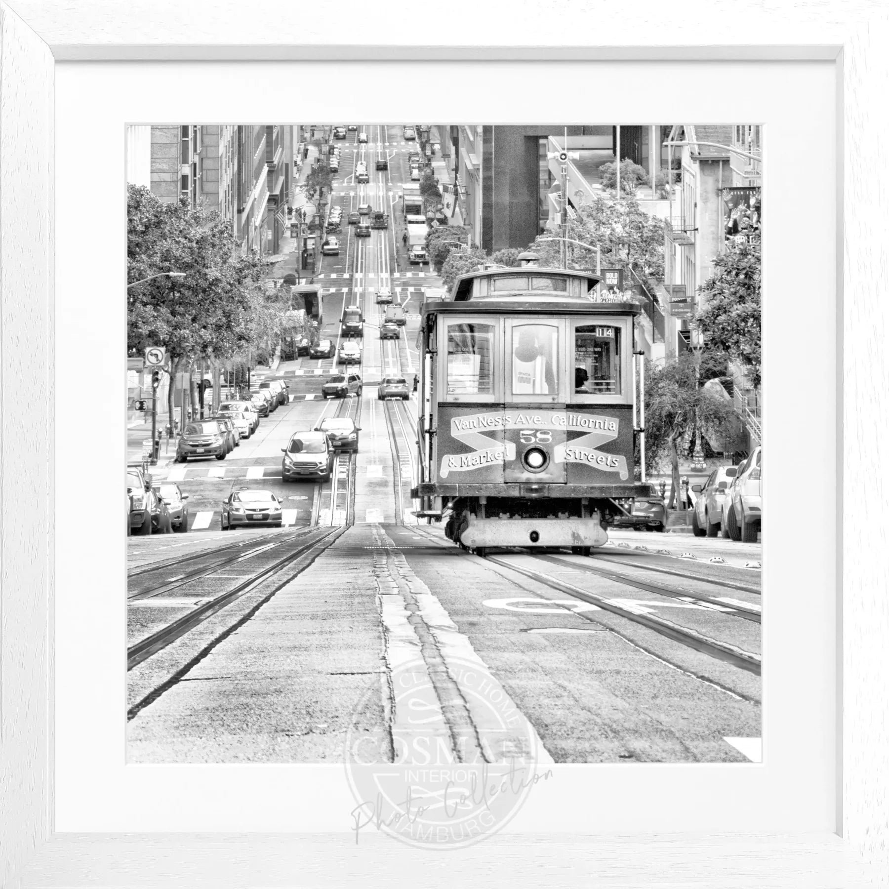 Schwarz-weiß Poster mit Rahmen von Cosman-Photocollection, San Francisco Cable Cars, quadratisch, 55x55cm, urbanes Stadtmotiv