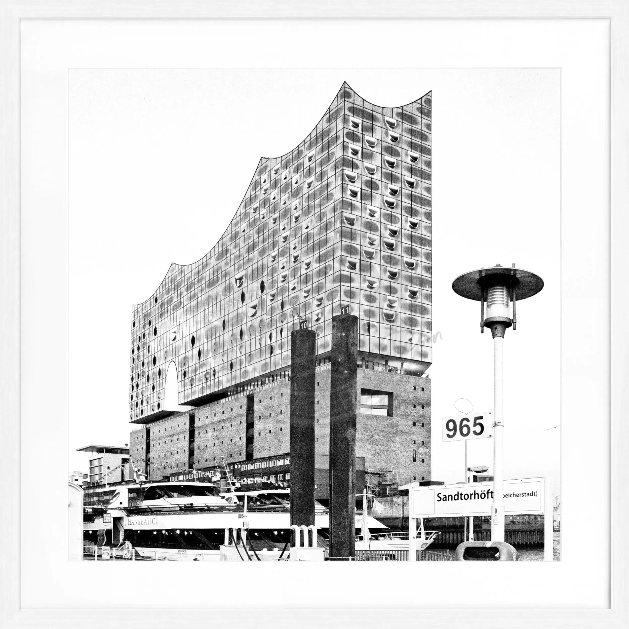 Schwarz-weiß Poster der Elbphilharmonie in Hamburg mit schwarzem Rahmen, quadratisch, von Cosman-Photocollection, 55x55cm
