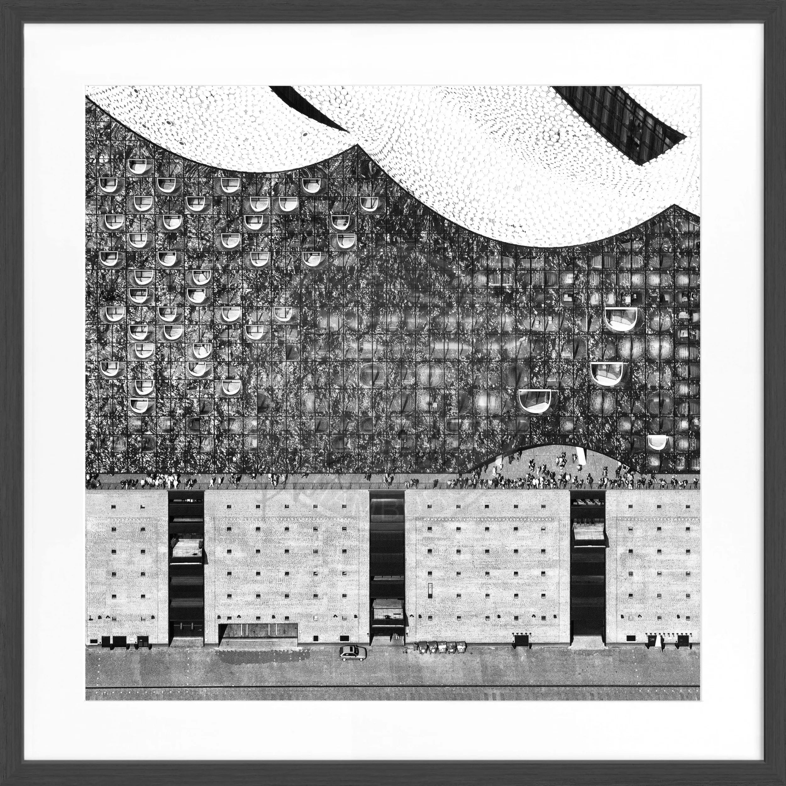 Schwarz-weiß Poster mit Rahmen Hamburg Elphi, quadratisch 55x55cm, von Cosman-Photocollection, dekoratives Wandbild