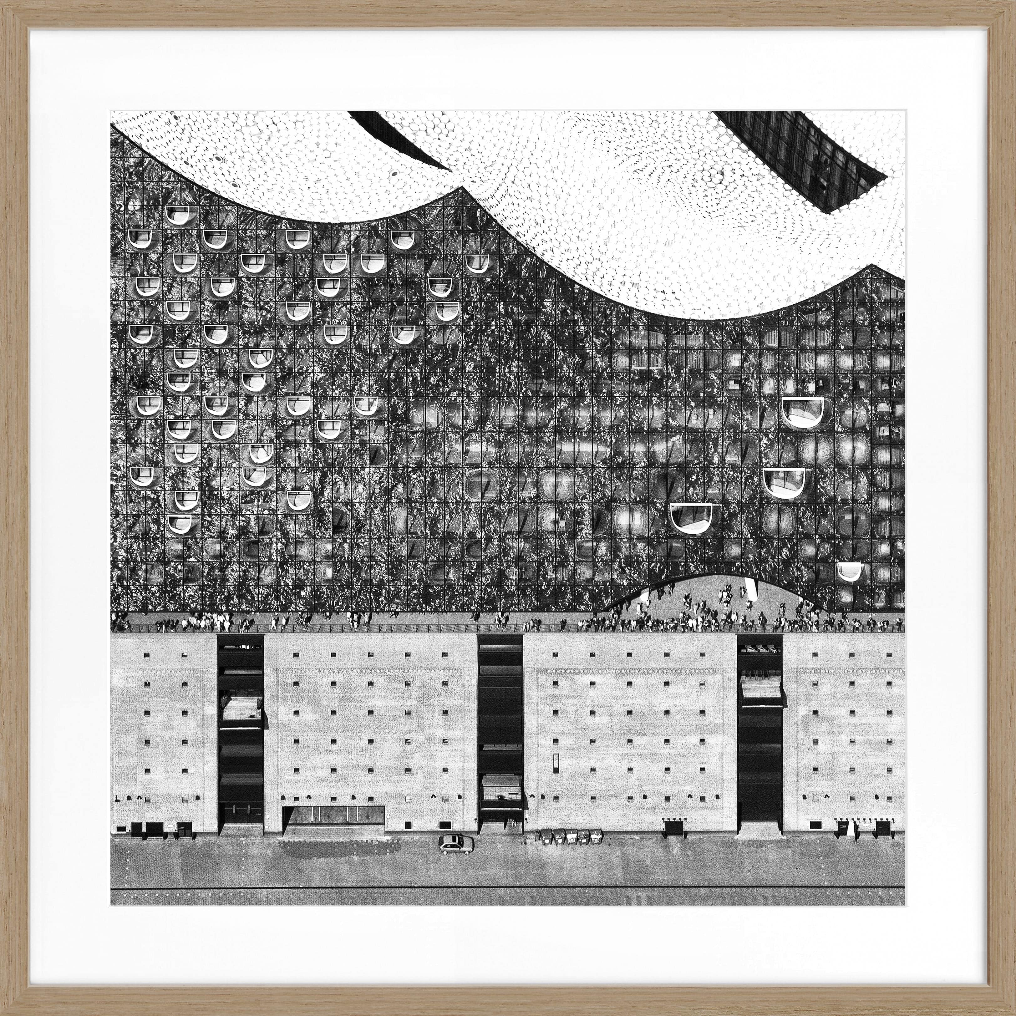 Schwarz-weiß Poster mit Rahmen von Cosman-Photocollection, Hamburg Elphi Motiv, quadratisch, 55x55cm, Wanddekoration