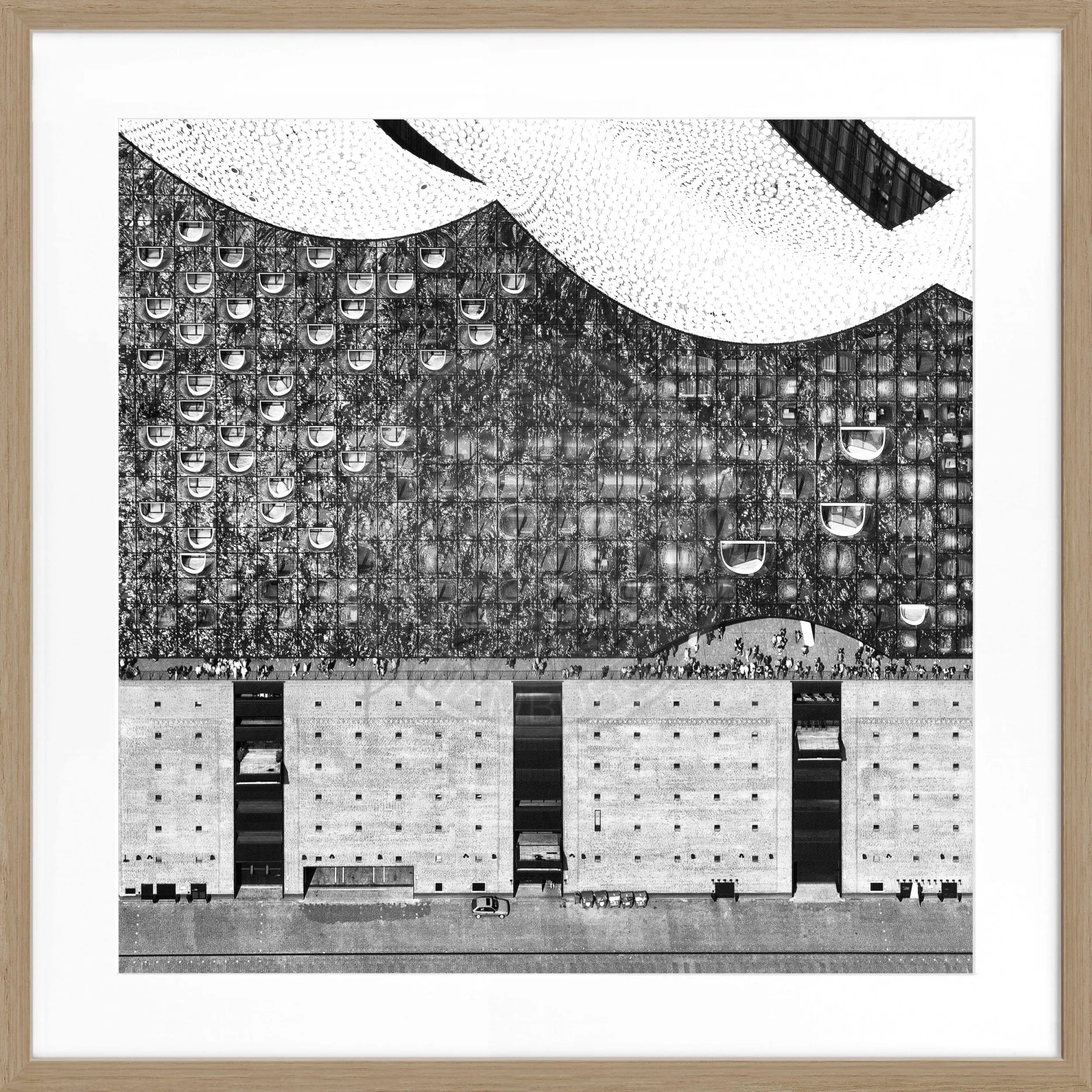 Schwarz-weiß Poster mit Rahmen von Cosman-Photocollection, Hamburg 'Elphi' Motiv, quadratisch, 55x55 cm