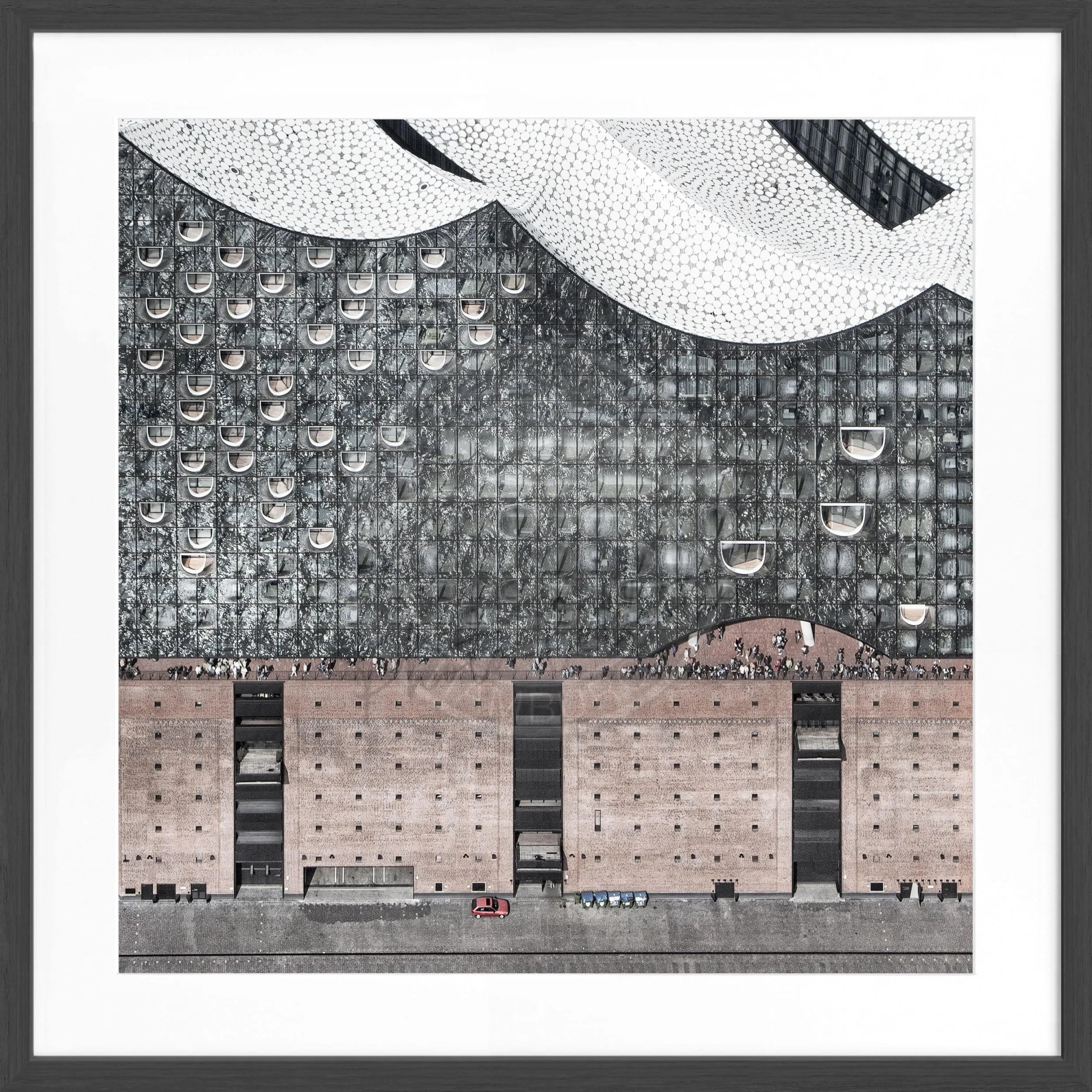 Schwarz-weiß Poster mit Rahmen, Hamburg Elphi Motiv, von Cosman-Photocollection, quadratisch 55x55 cm, Stadtbild.