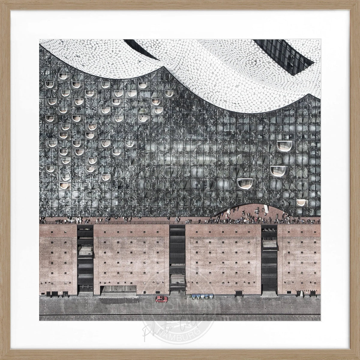 Schwarz-weiß Poster mit Rahmen von Hamburg Elphi, quadratisch, 55x55cm, von Cosman-Photocollection, modernes Stadtmotiv