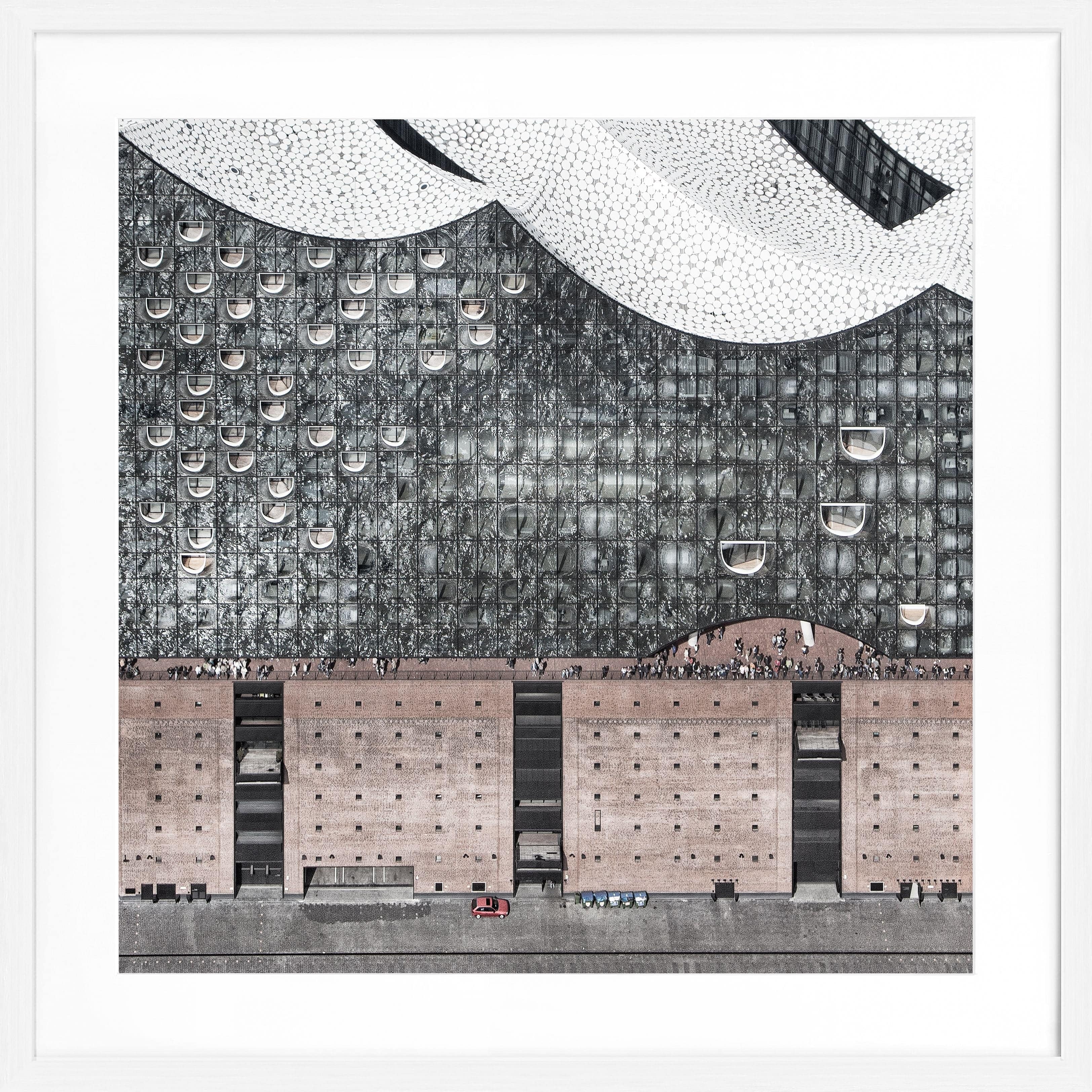 Schwarz-weiß Poster mit Rahmen von Hamburg Elphi, quadratisches Format 55x55 cm, von Cosman-Photocollection.