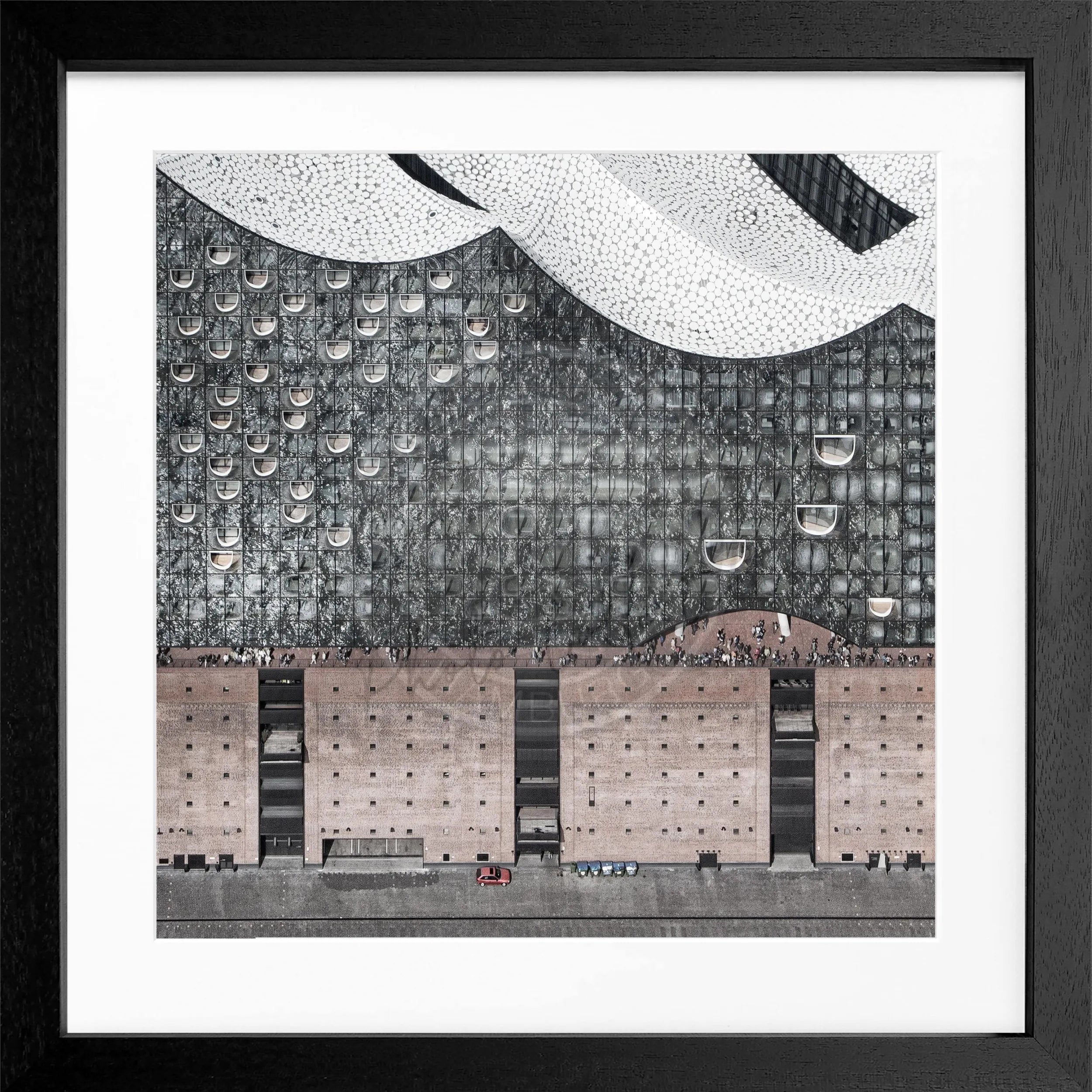 Schwarz-weiß Poster mit Rahmen von Hamburg Elphi, quadratisch 55x55cm, von Cosman-Photocollection, urbanes Stadtbild.