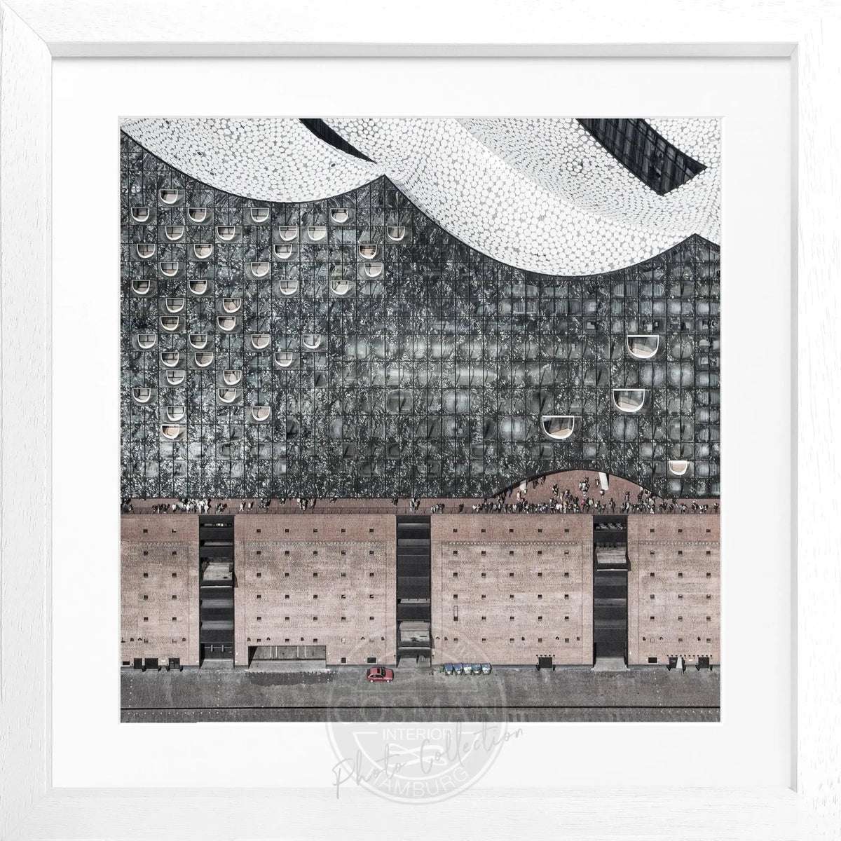 Schwarz-weiß Poster mit Rahmen von Hamburg Elphi, quadratisches Format 55x55cm, von Cosman-Photocollection.