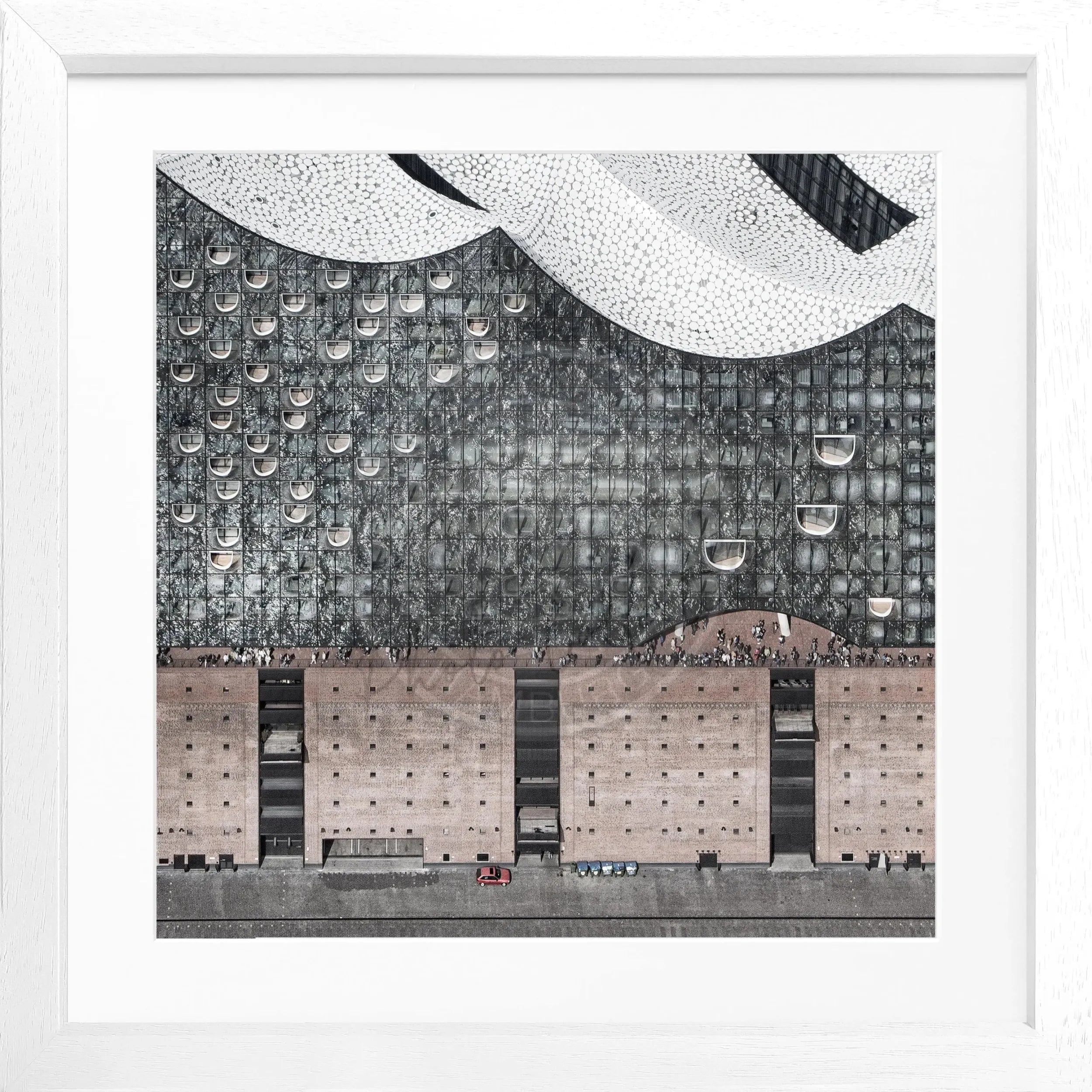 Schwarz-weiß Poster mit Rahmen von Hamburg Elphi, quadratisches Format 55x55cm, von Cosman-Photocollection.