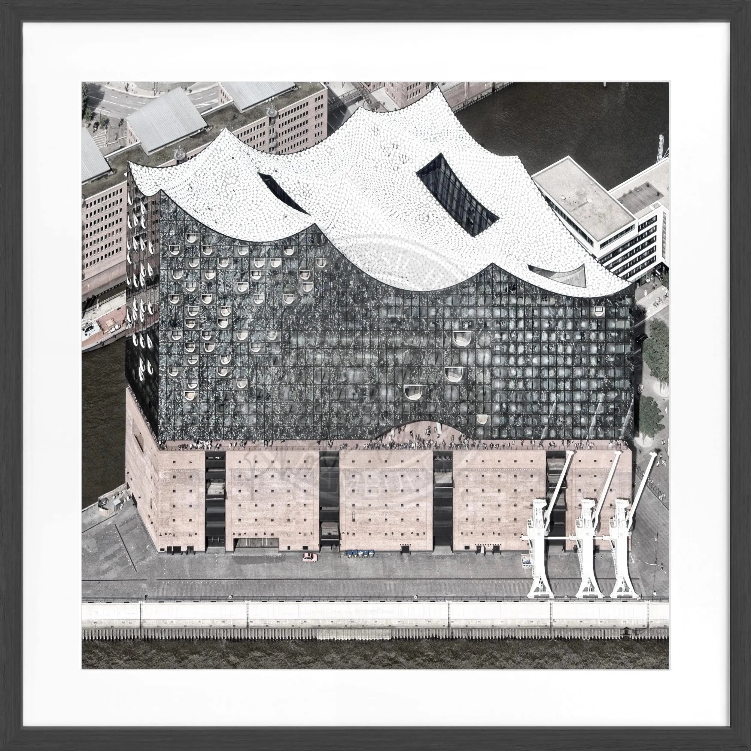Schwarz-weiß Poster mit Rahmen von Hamburg Elphi, quadratisches Wandbild von Cosman-Photocollection, 55x55 cm