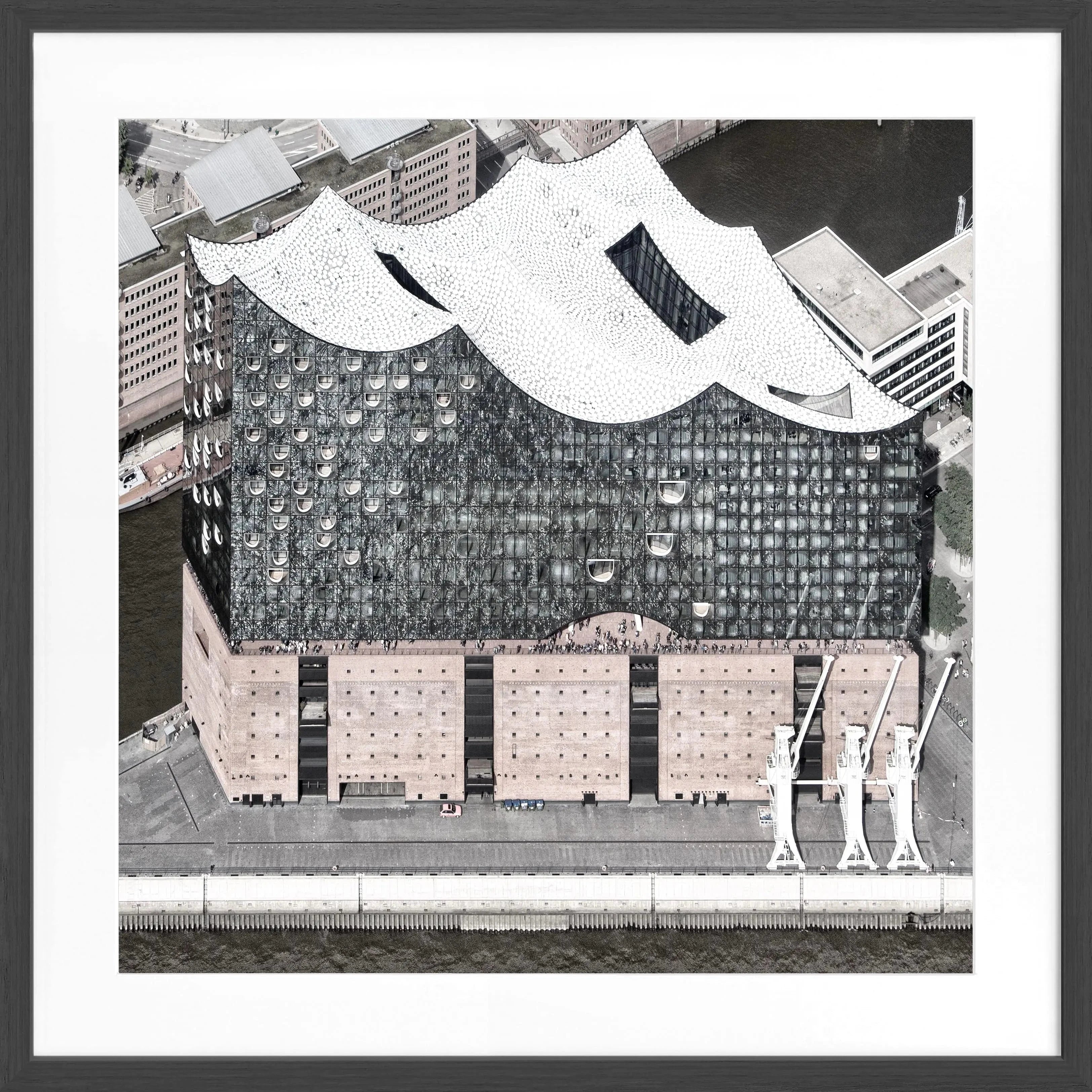 Schwarz-weiß Poster mit Rahmen von Hamburg Elphi, quadratisches Wandbild von Cosman-Photocollection, 55x55 cm