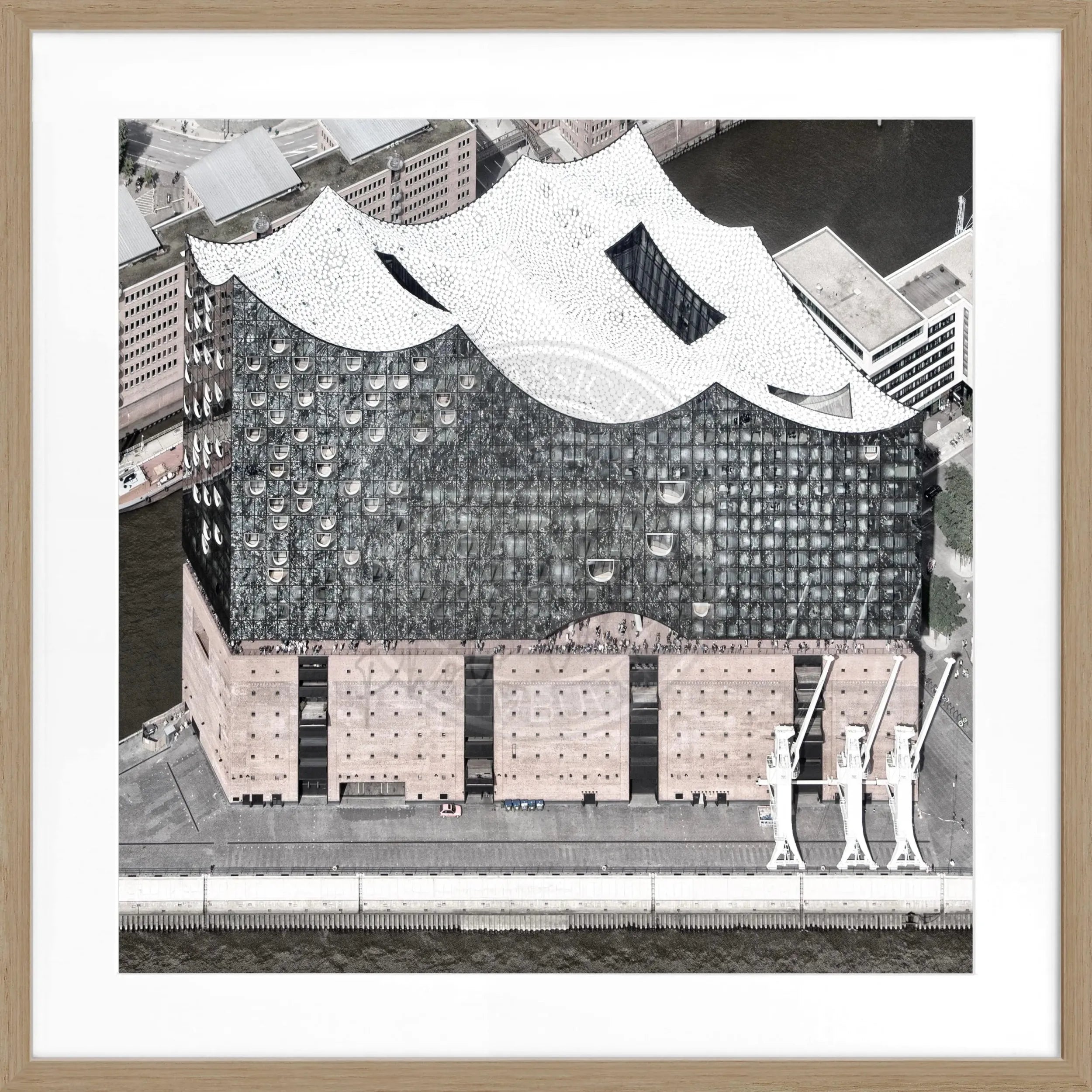 Schwarz-weiß Poster mit Rahmen, Hamburg Elphi Motiv, von Cosman-Photocollection, quadratisches Format 55x55 cm