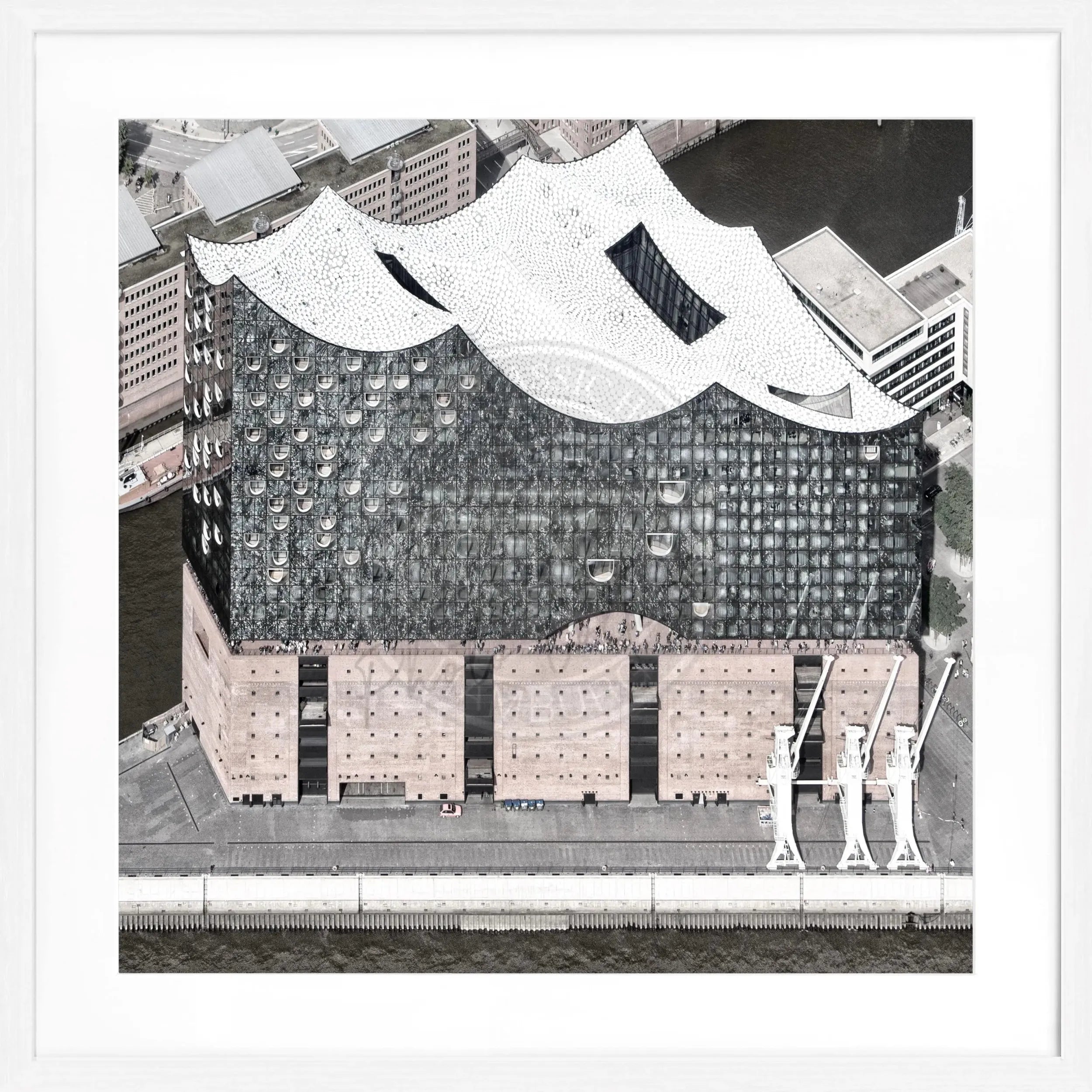 Schwarz-weiß Poster mit Rahmen von Hamburgs Elphi-Motiv, 55x55cm, von Cosman-Photocollection, quadratisches Wandbild