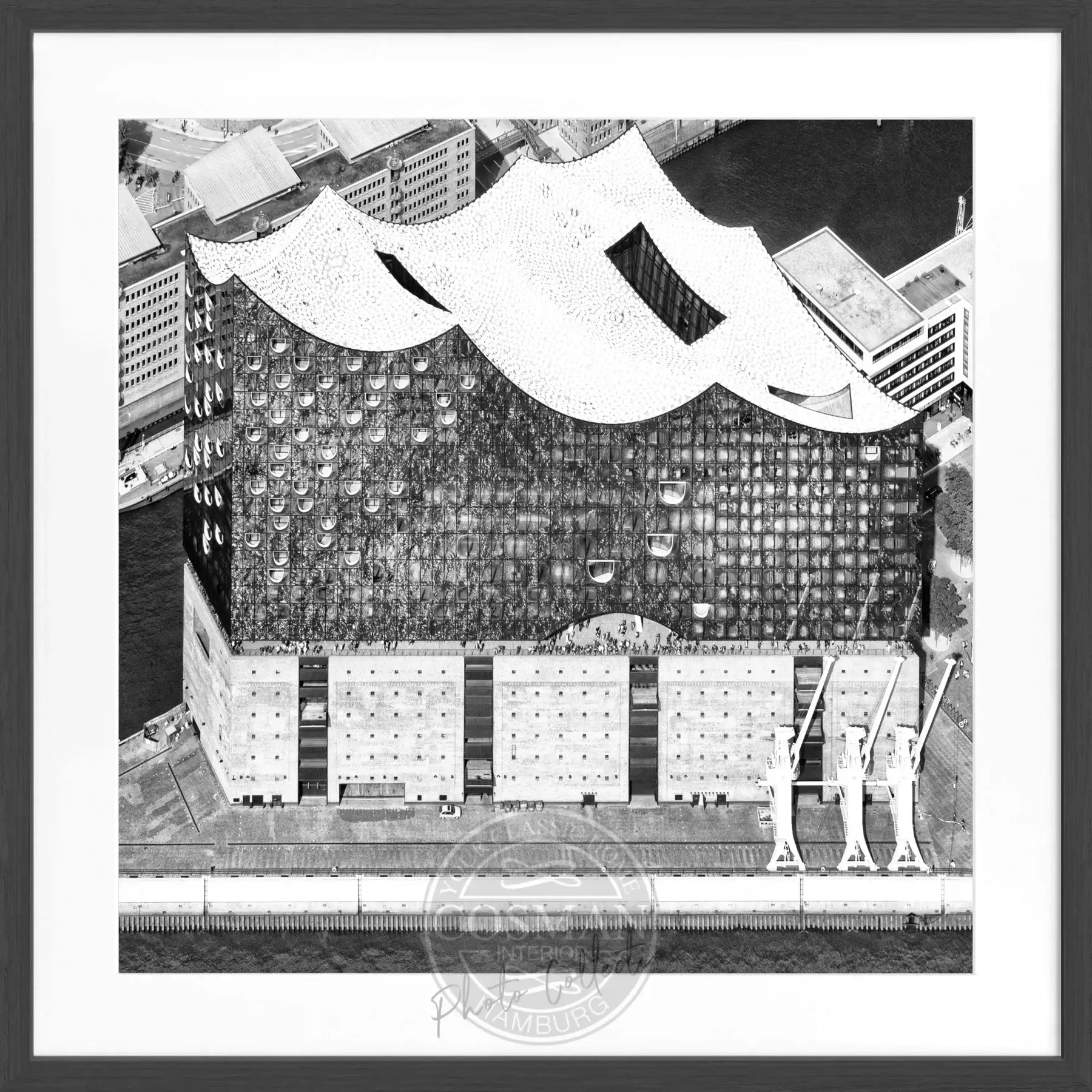 Schwarz-weiß Poster mit Rahmen, Hamburg Elphi, von Cosman-Photocollection, quadratisches 55x55cm Wandbild