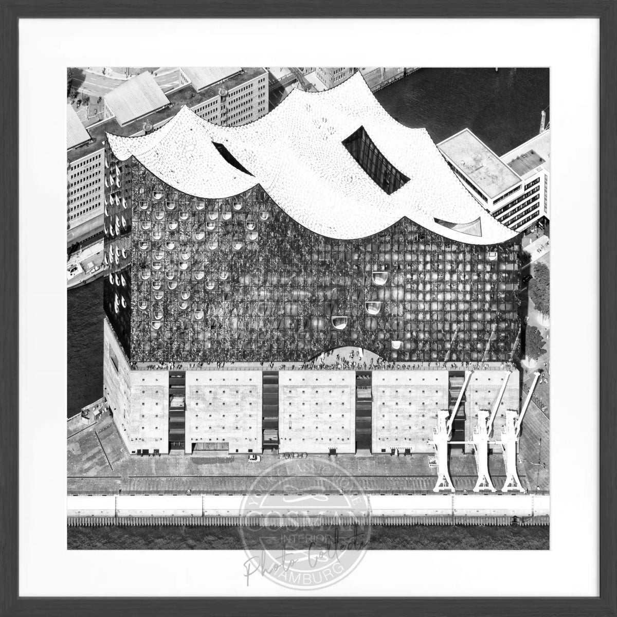 Schwarz-weiß Poster mit Rahmen, Hamburg Elphi, von Cosman-Photocollection, quadratisches 55x55cm Wandbild