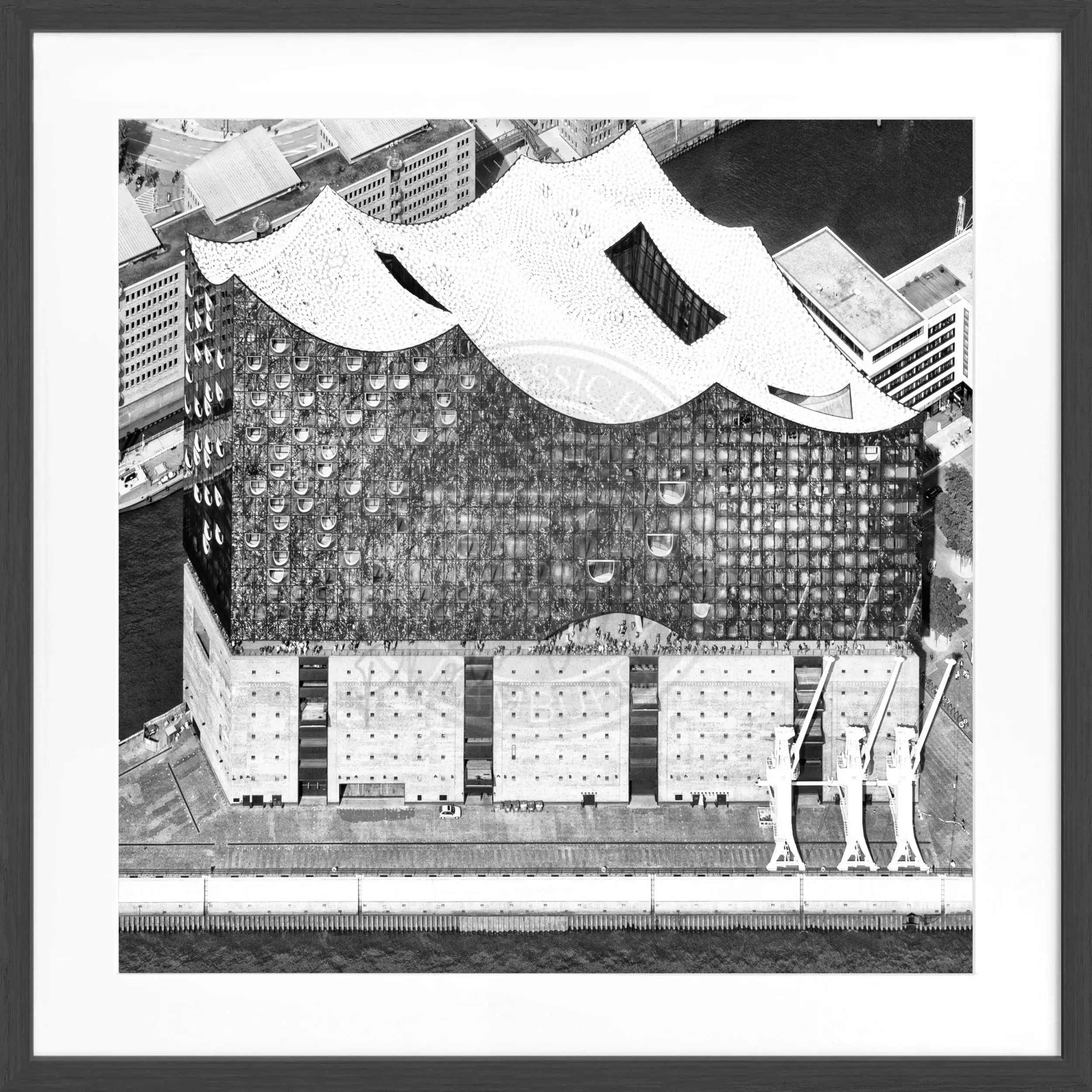 Schwarz-weiß Poster mit Rahmen, Hamburg Elphi, von Cosman-Photocollection, quadratisches 55x55cm Wandbild