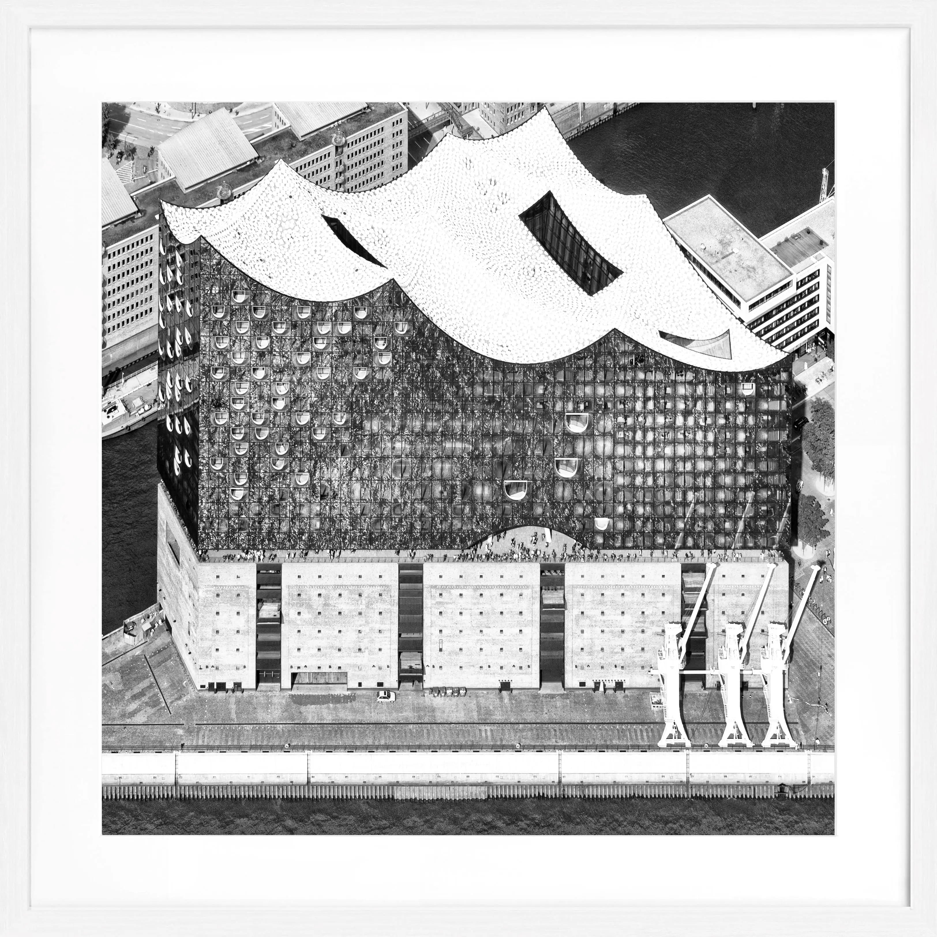 Schwarz-weiß Poster mit Rahmen von Hamburg Elphi, quadratisch, 55x55cm, von Cosman-Photocollection.