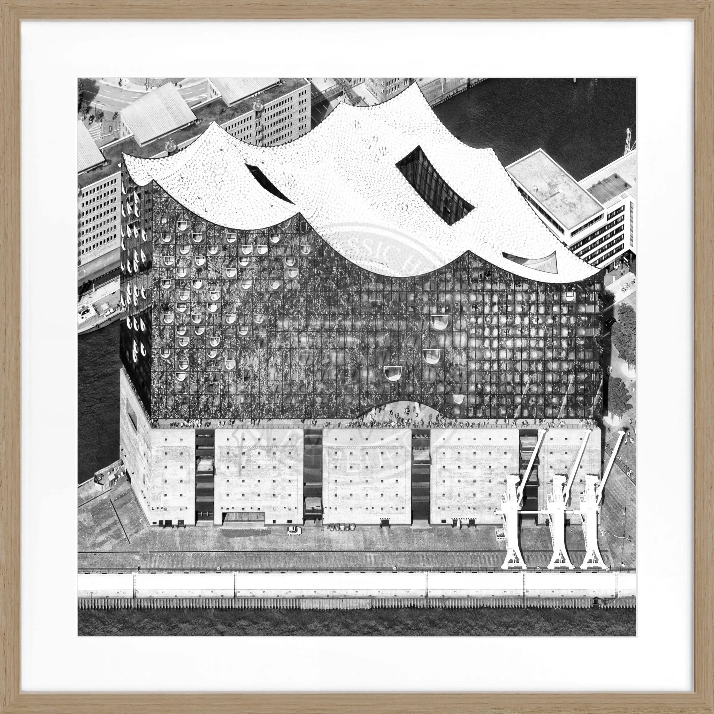 Schwarz-weiß Poster mit Rahmen von Hamburg Elphi, quadratisch, 55x55cm, von Cosman-Photocollection, beeindruckendes Stadtmotiv
