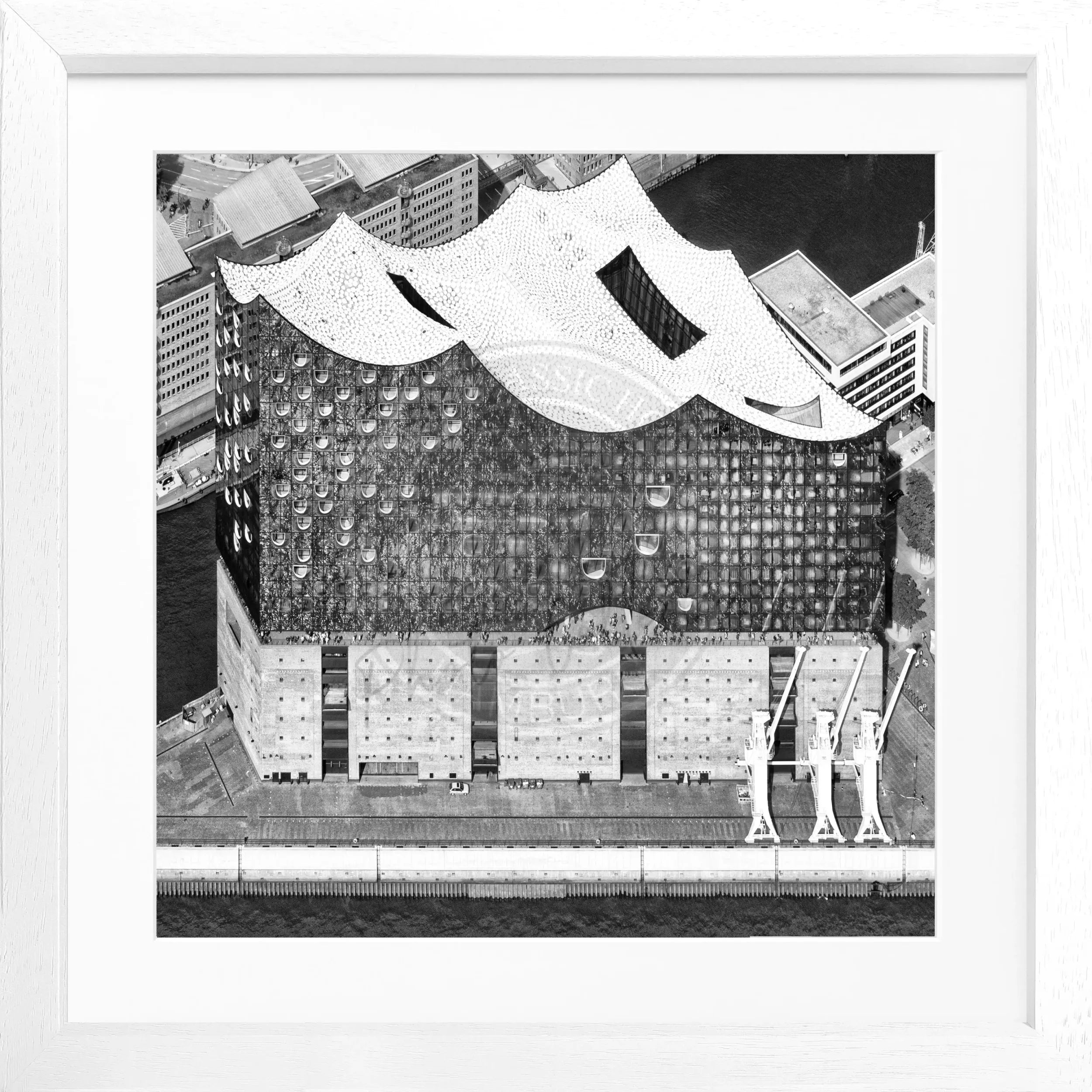 Schwarz-weiß Poster mit Rahmen Hamburg Elphi von Cosman-Photocollection, quadratisch 55x55cm, urbanes Stadtmotiv