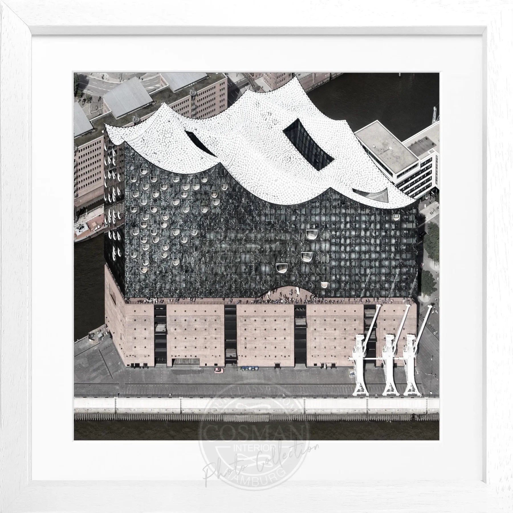 Schwarz-weiß Poster mit Rahmen Hamburg Elphi HH47, quadratisches Wandbild von Cosman-Photocollection, 55x55 cm