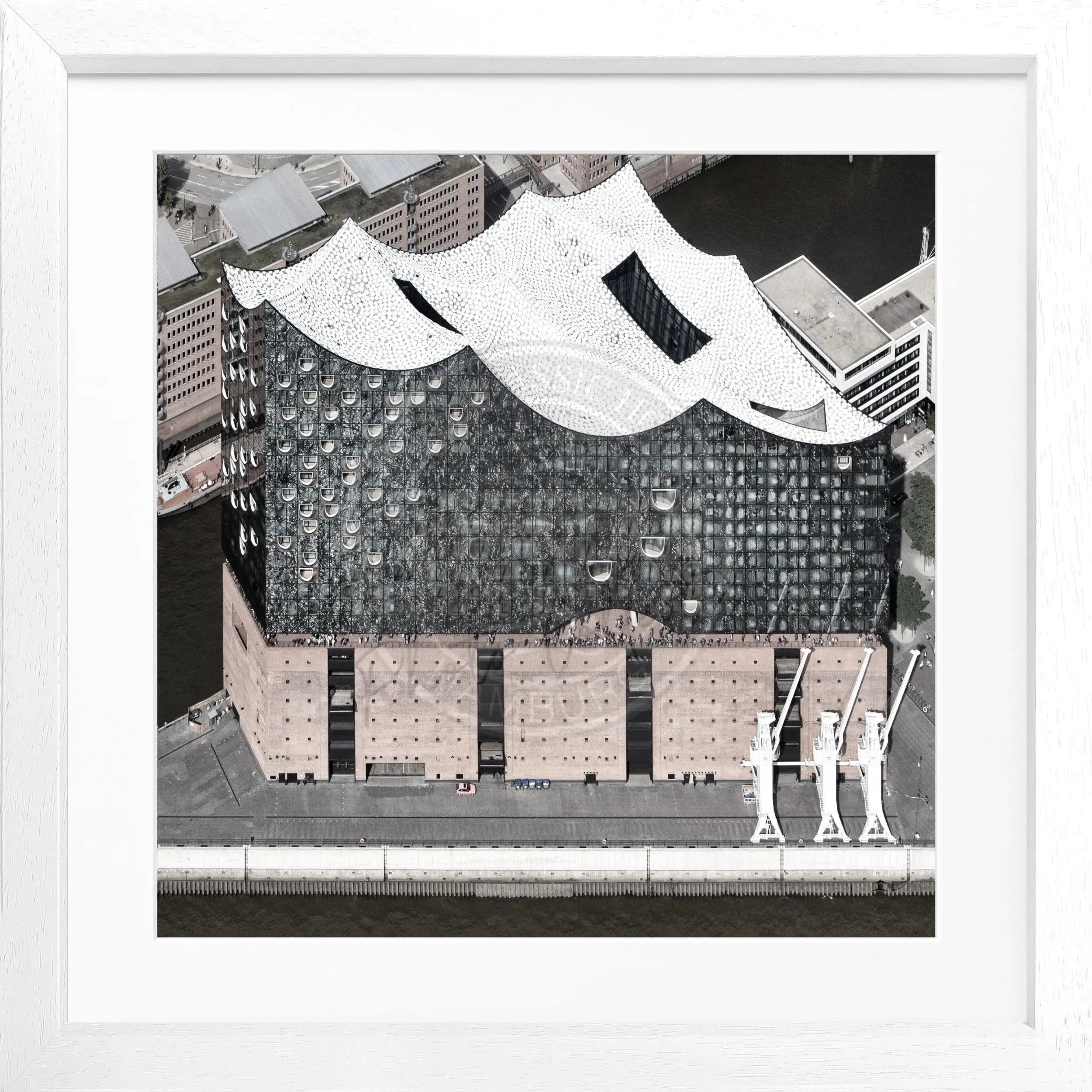Schwarz-weiß Poster mit Rahmen Hamburg Elphi HH47, quadratisches Wandbild von Cosman-Photocollection, 55x55 cm